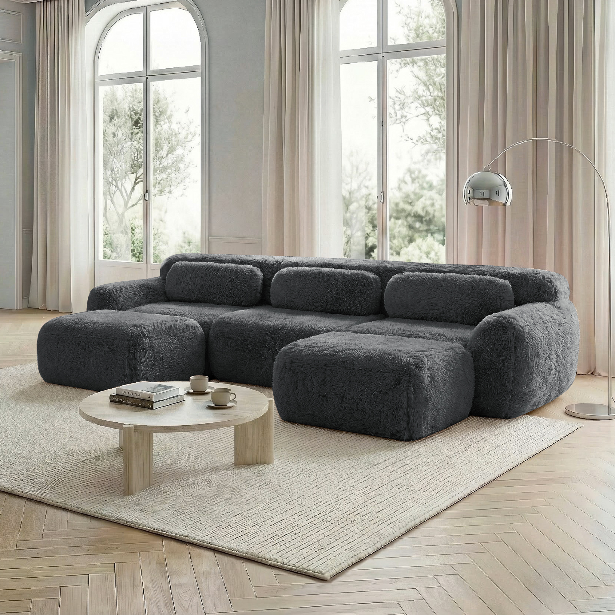 Canapé modulable panoramique sans dossier, confort cloud avec mousse haute résilience 32D, base antidérapante pour salon moderne