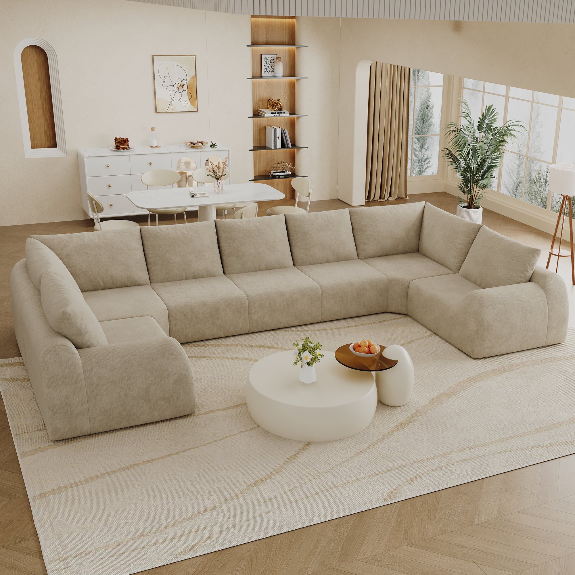 Canapé droit 411x200x85 cm en tissu chenille kaki, structure U-forme sans montage, mousse haute élasticité pour salon et chambre