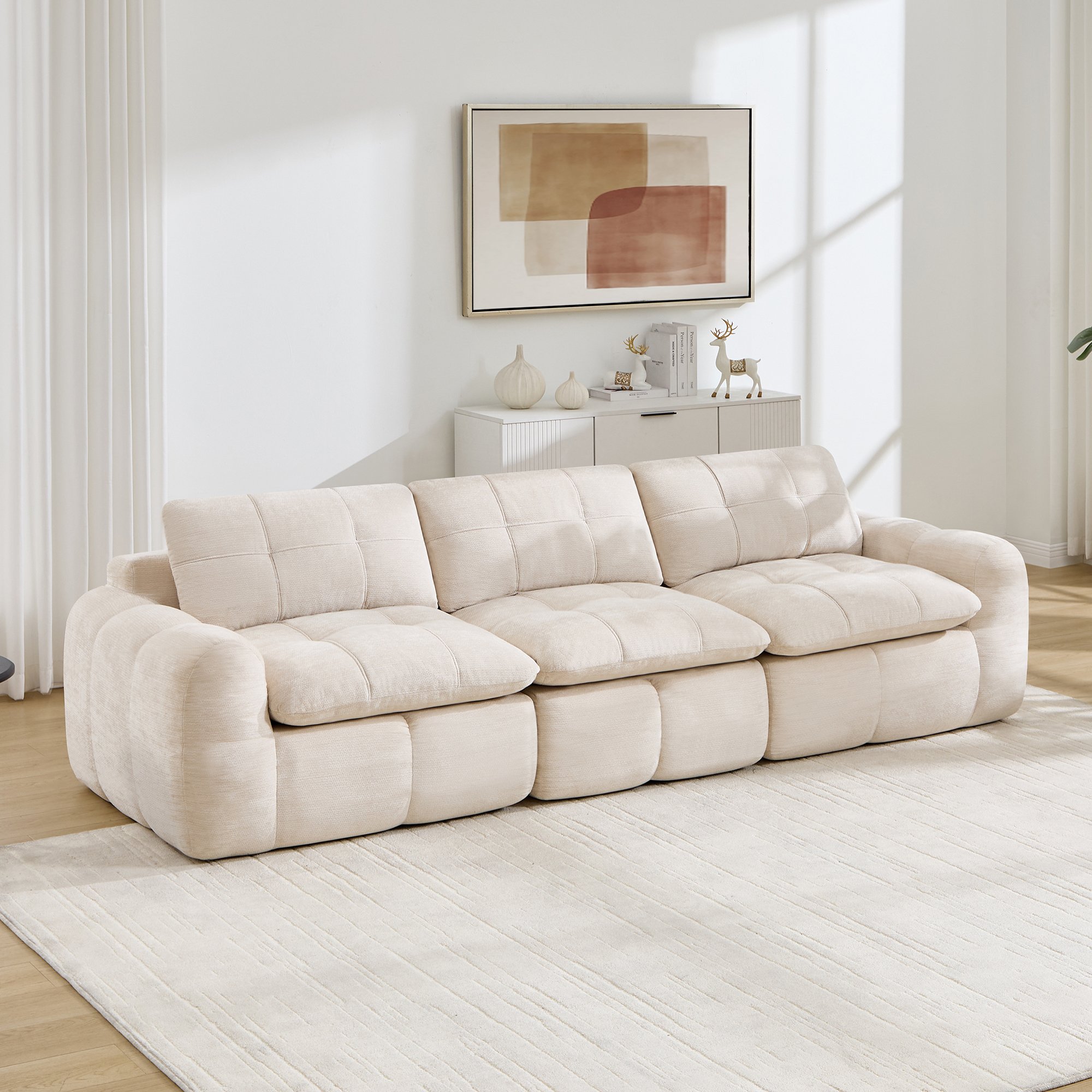 Canapé modulable 3 places beige en tissu chenille, design quadrillé sans cadre, coussins épais confort nuageux, dimensions 264x97x68 cm, idéal salon moderne