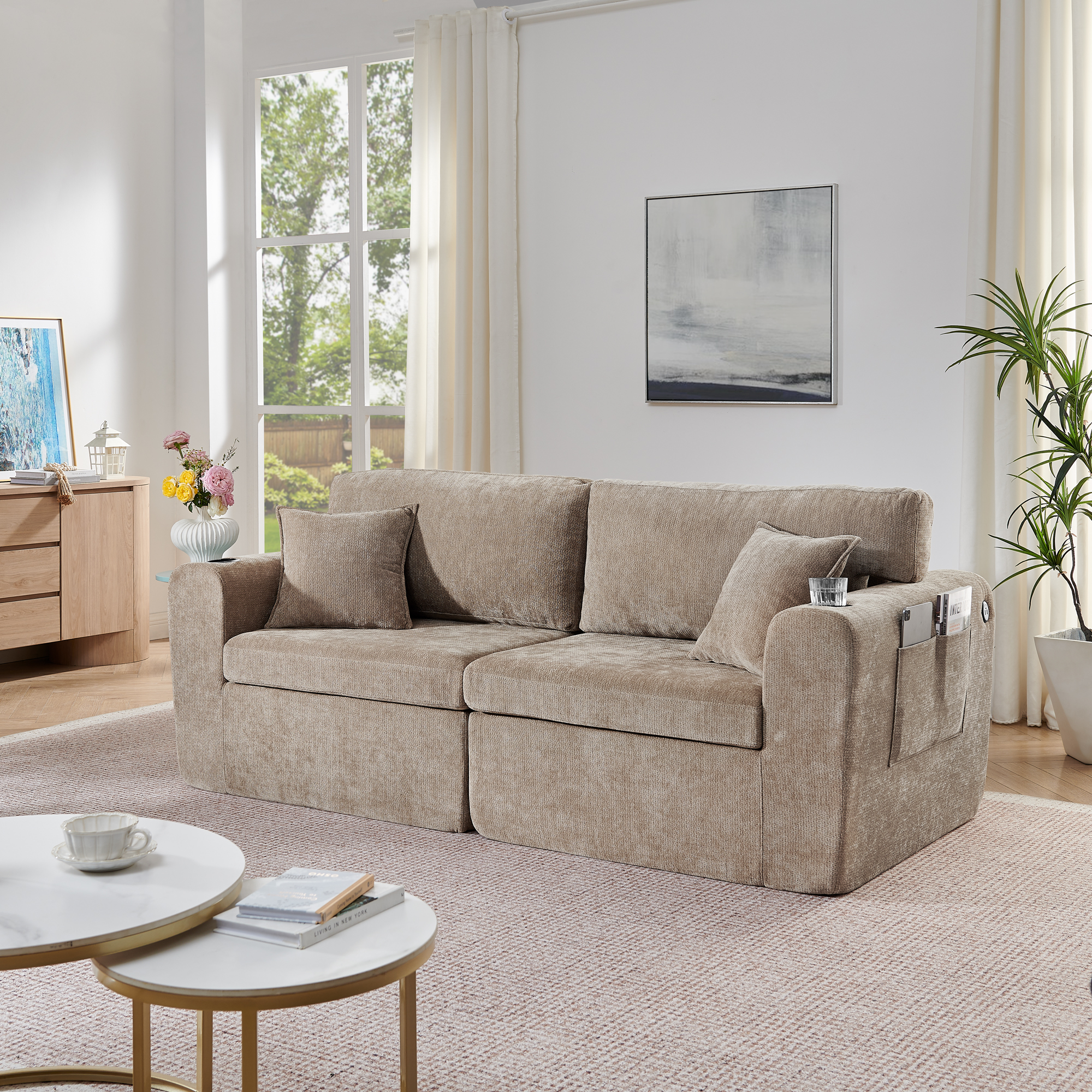 Canapé droit petit espace 2 places en tissu Chenille marron avec USB, tiroir et support boisson pour appartement