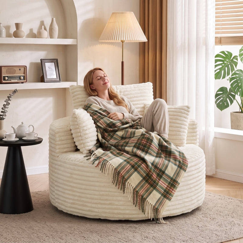 Fauteuil sans cadre 130x130x82 cm en tissu côtelé crème, canapé une place tout mousse avec 4 coussins inclus et charge max 250 kg