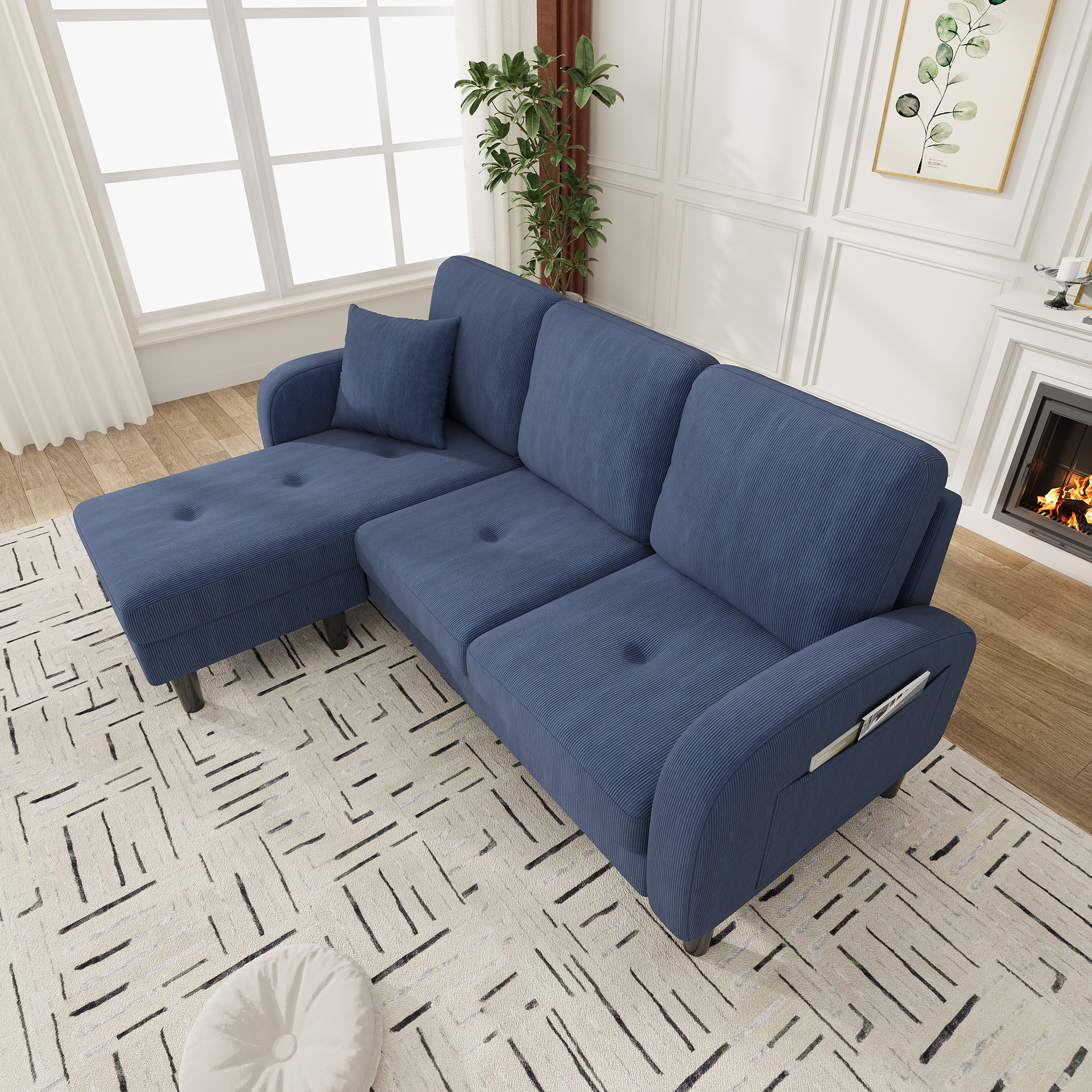 Canapé d'Angle avec Méridienne Modulable Bleu Tissu Côtelé 3 Places avec Rangement Intégré pour Petit Salon