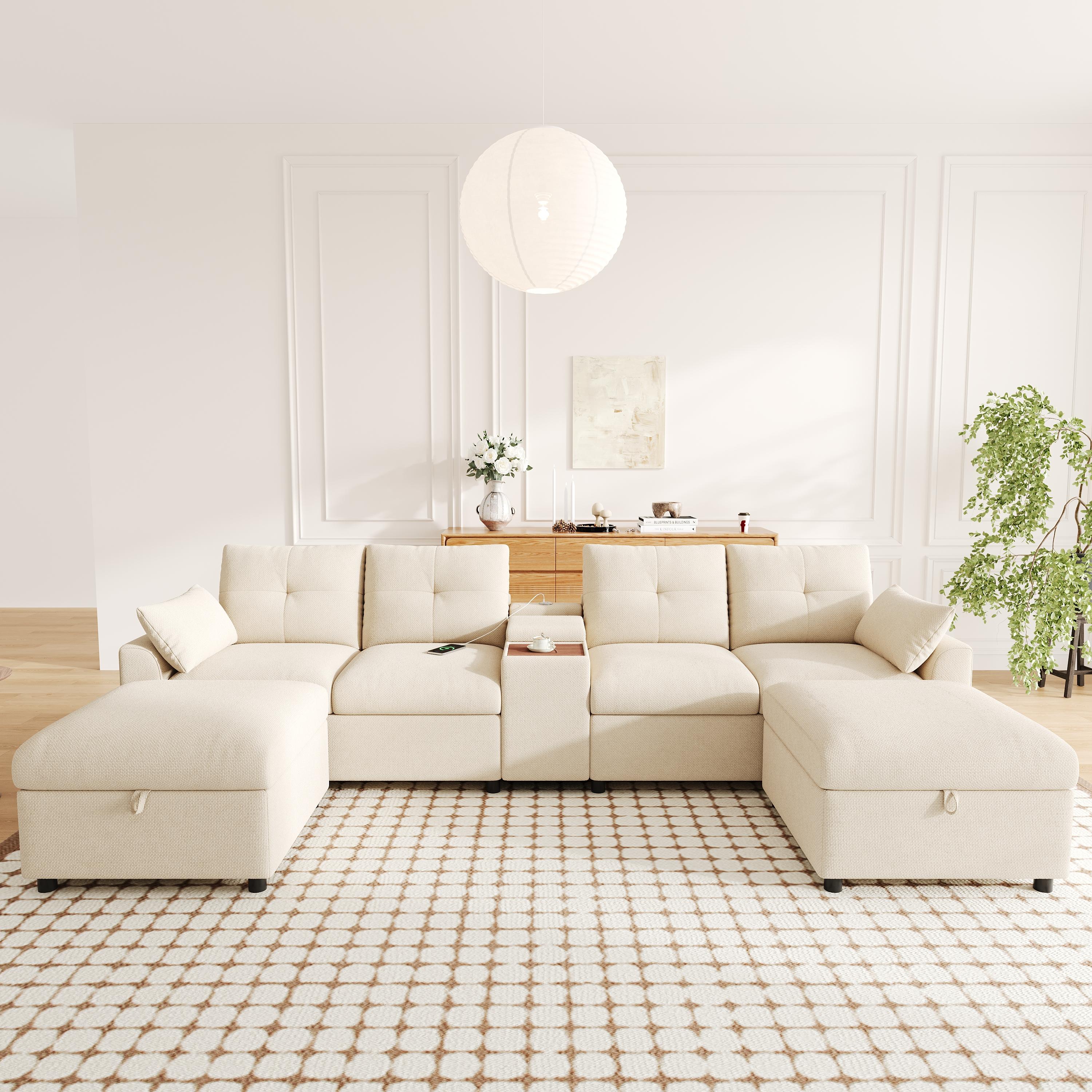 Grand canapé d'angle modulable beige chenille 6 places avec console multifonction USB, type-C et espace de stockage intégré