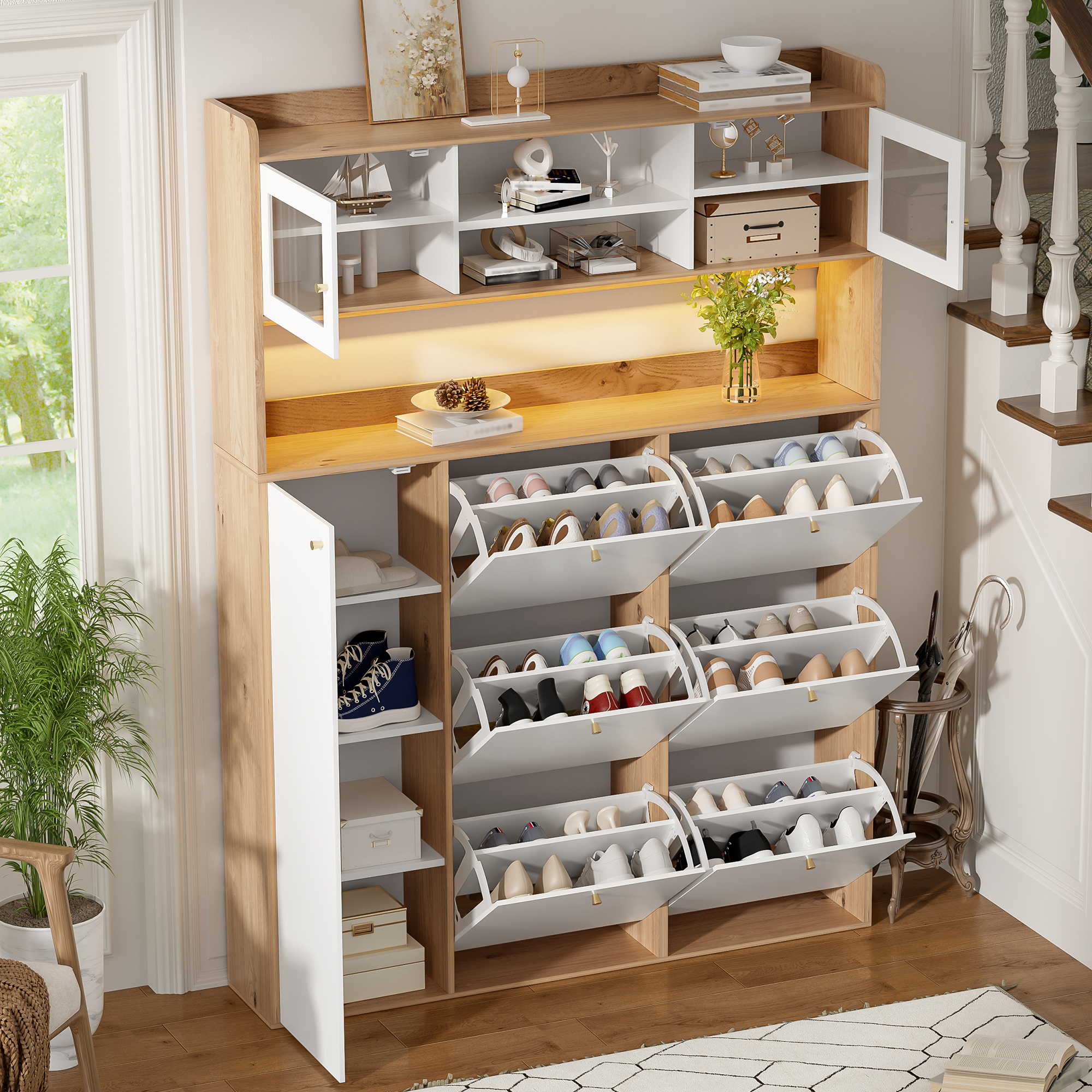 Meuble à chaussures étroit 130x25x85 cm avec LED ajustable et façade vitrée, rangement modulaire pour couloir