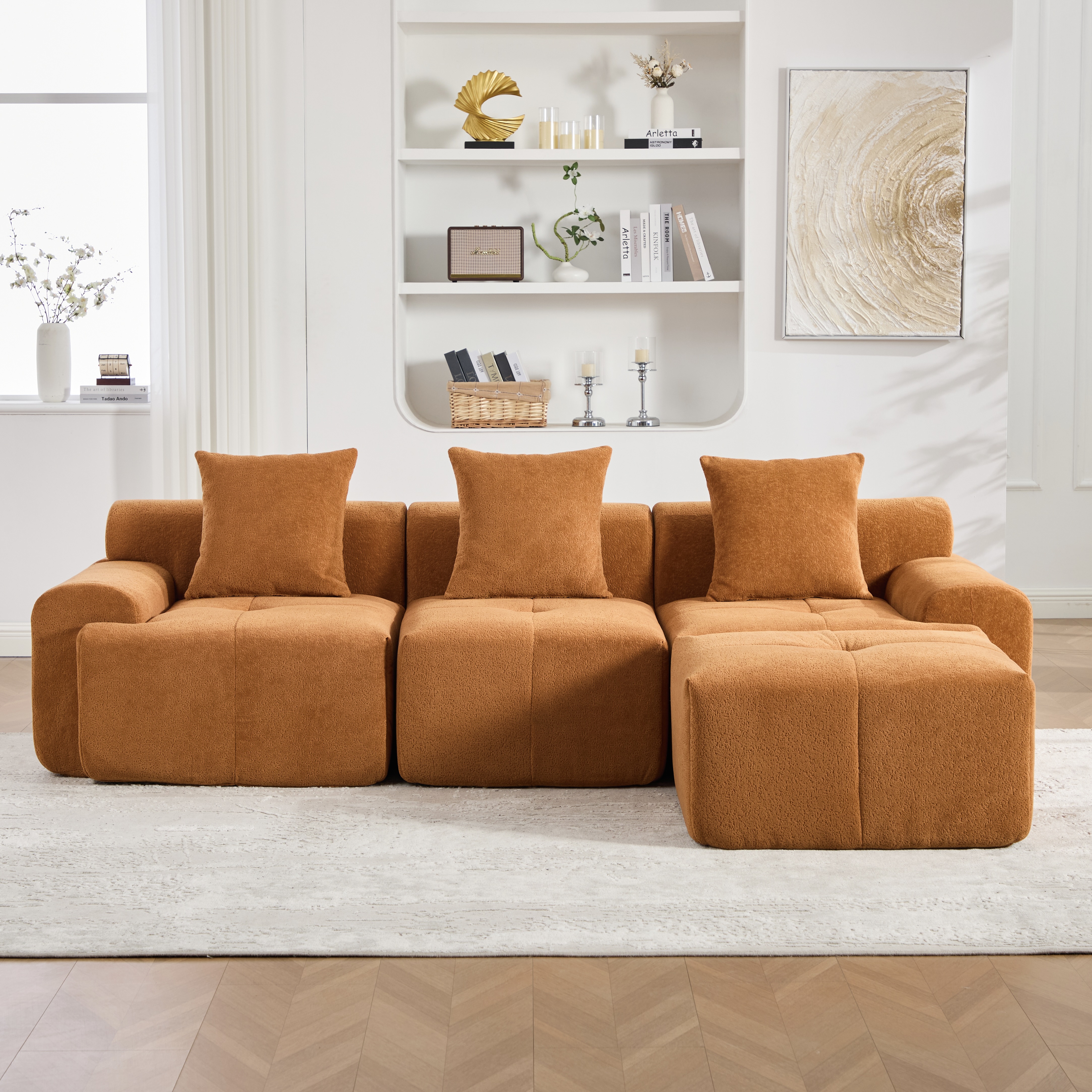 Canapé d'angle modulable 3 places, Canapé L en tissu orange avec mousse à mémoire de forme, Design moderne pour salon