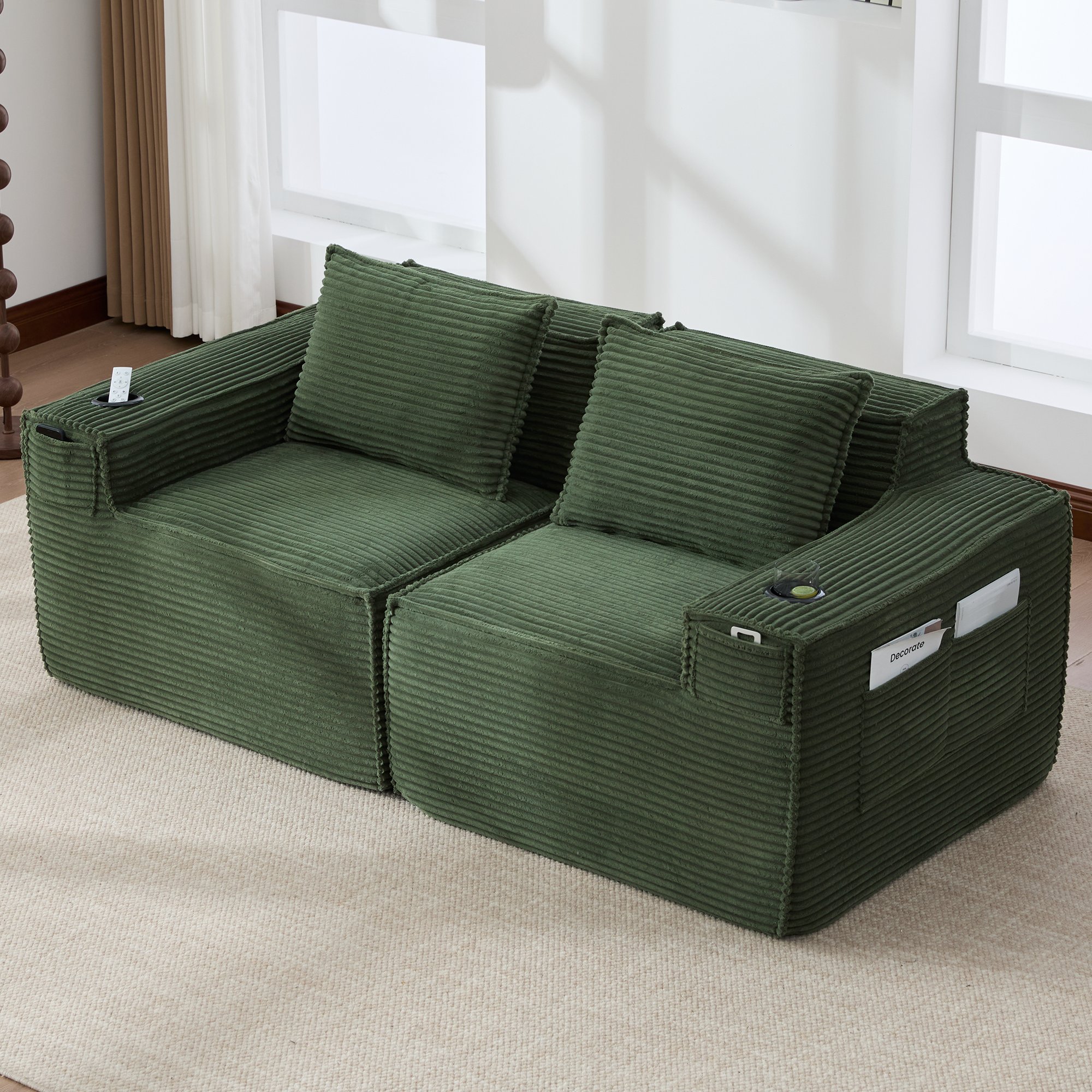 Canapé 2 places 188x90x75 cm vert, assise profonde 60 cm, charge max 150 kg, format compact idéal pour petits espaces et studios