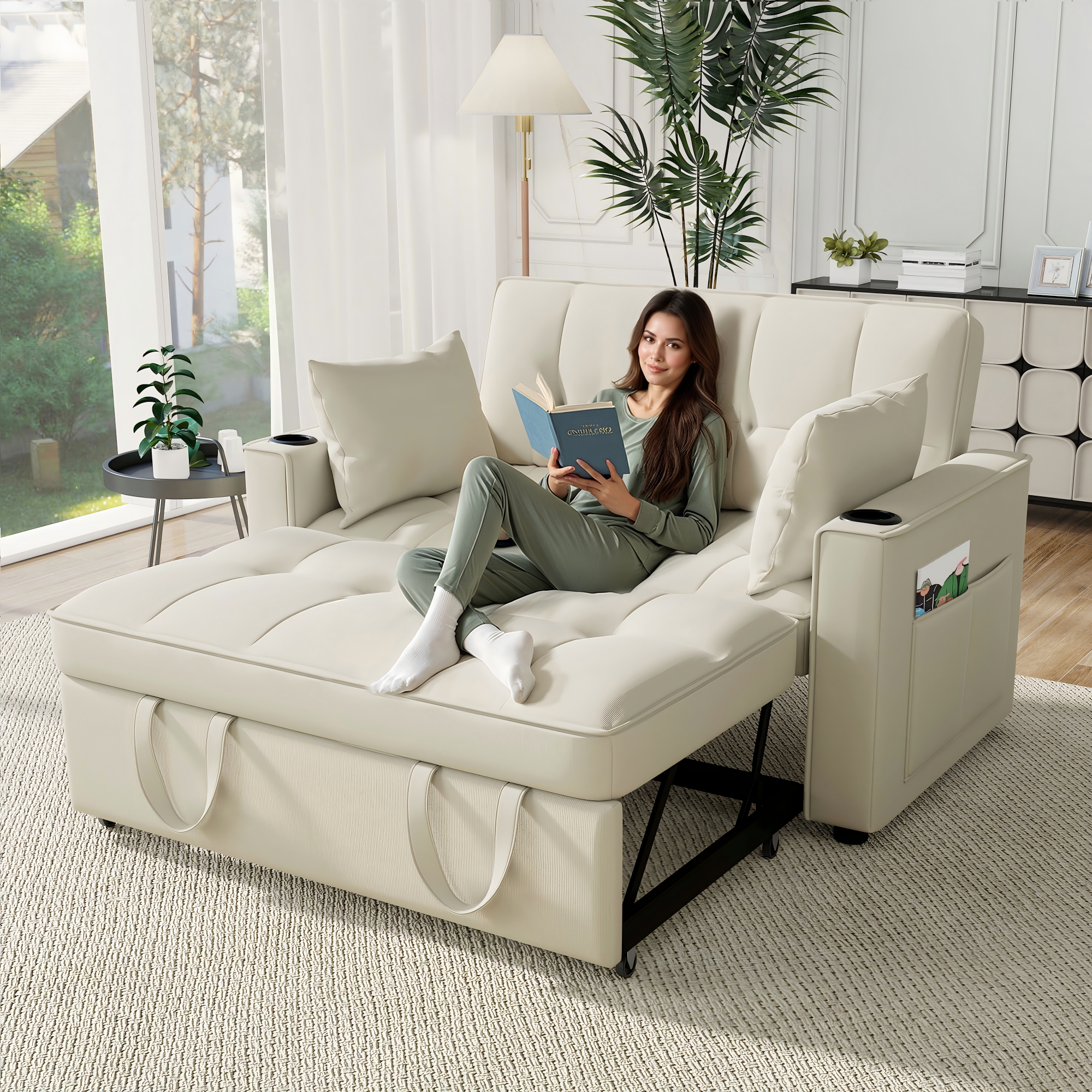Lit avec rangement 2 places 137x76,5x83 cm avec tiroirs intégrés et couchage convertible en velours beige