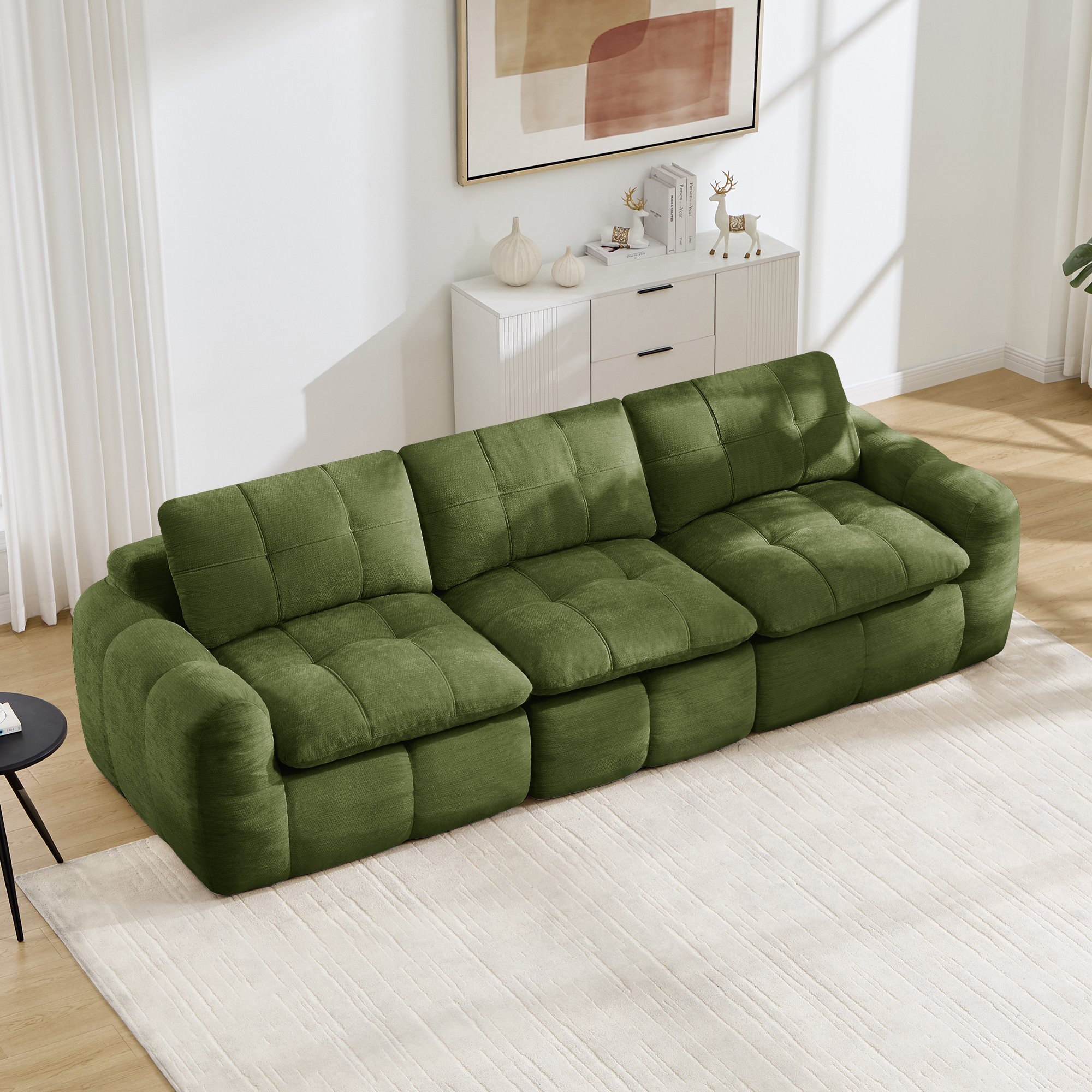 Canapé modulable 3 places vert en tissu chenille, design sans cadre avec coussins épaissis et motif quadrillé pour salon moderne