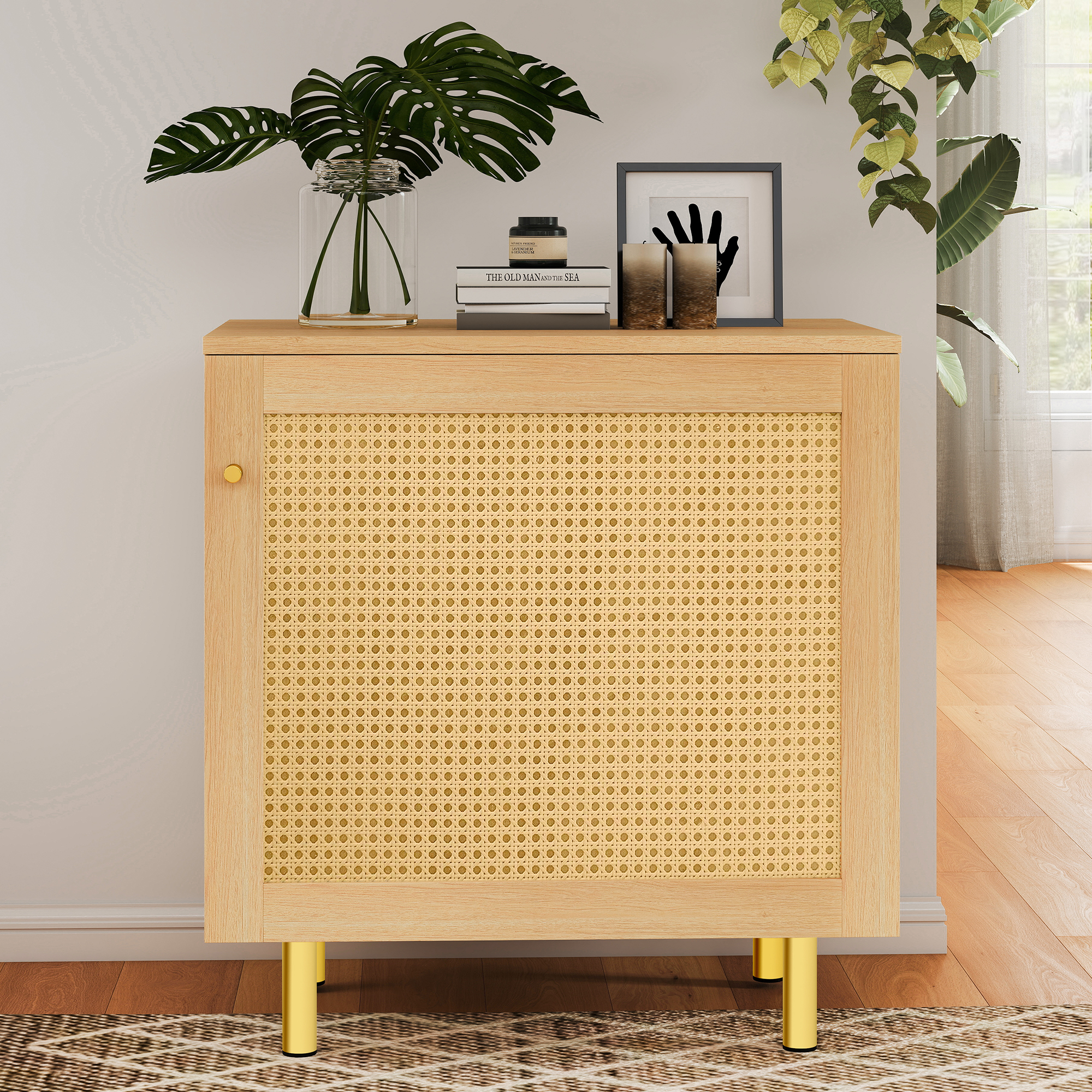 Table de chevet rustique avec porte tressée et tiroir, Meuble de rangement Panneau composite de fibres de bois à densité effet bois pour chambre ou salon, 60x40x63 cm