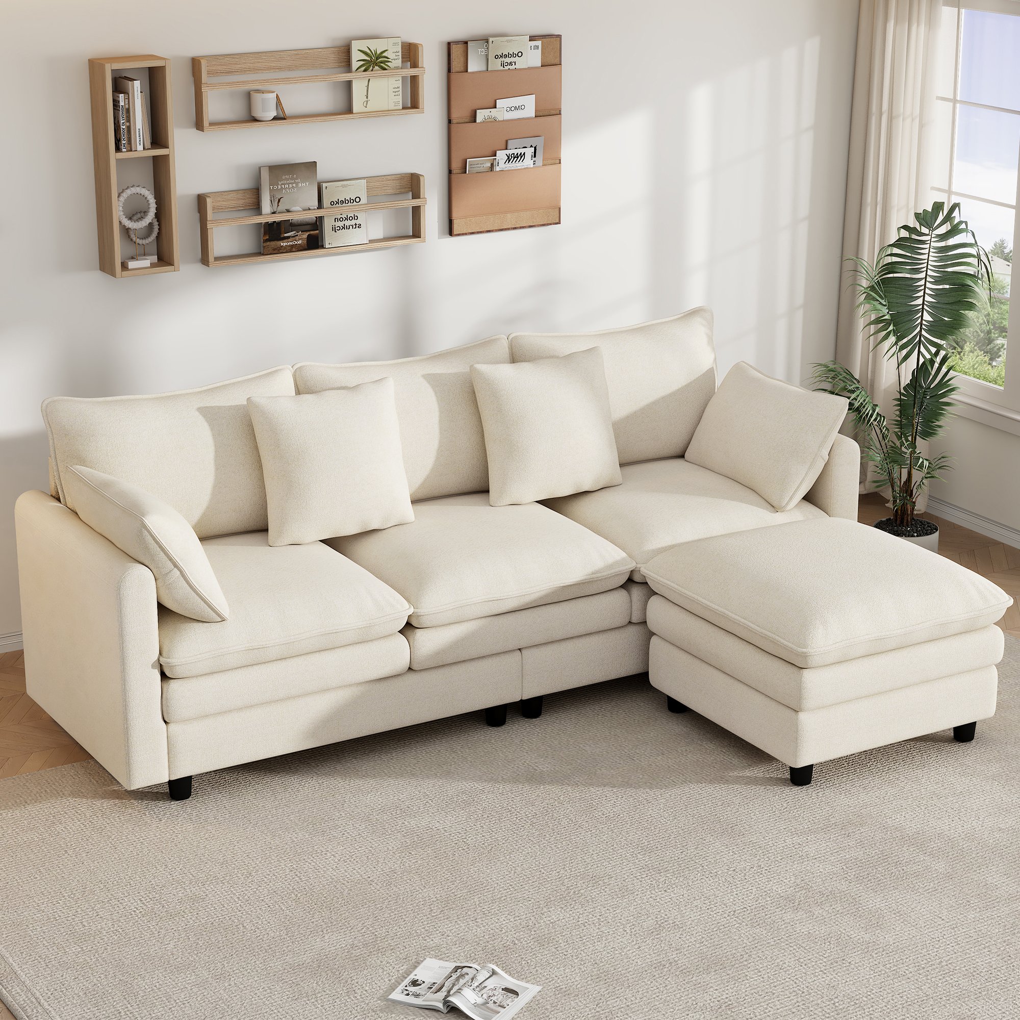 Canapé d'angle 3 places en chenille beige avec méridienne amovible, coussins décoratifs et structure stable pour salon moderne