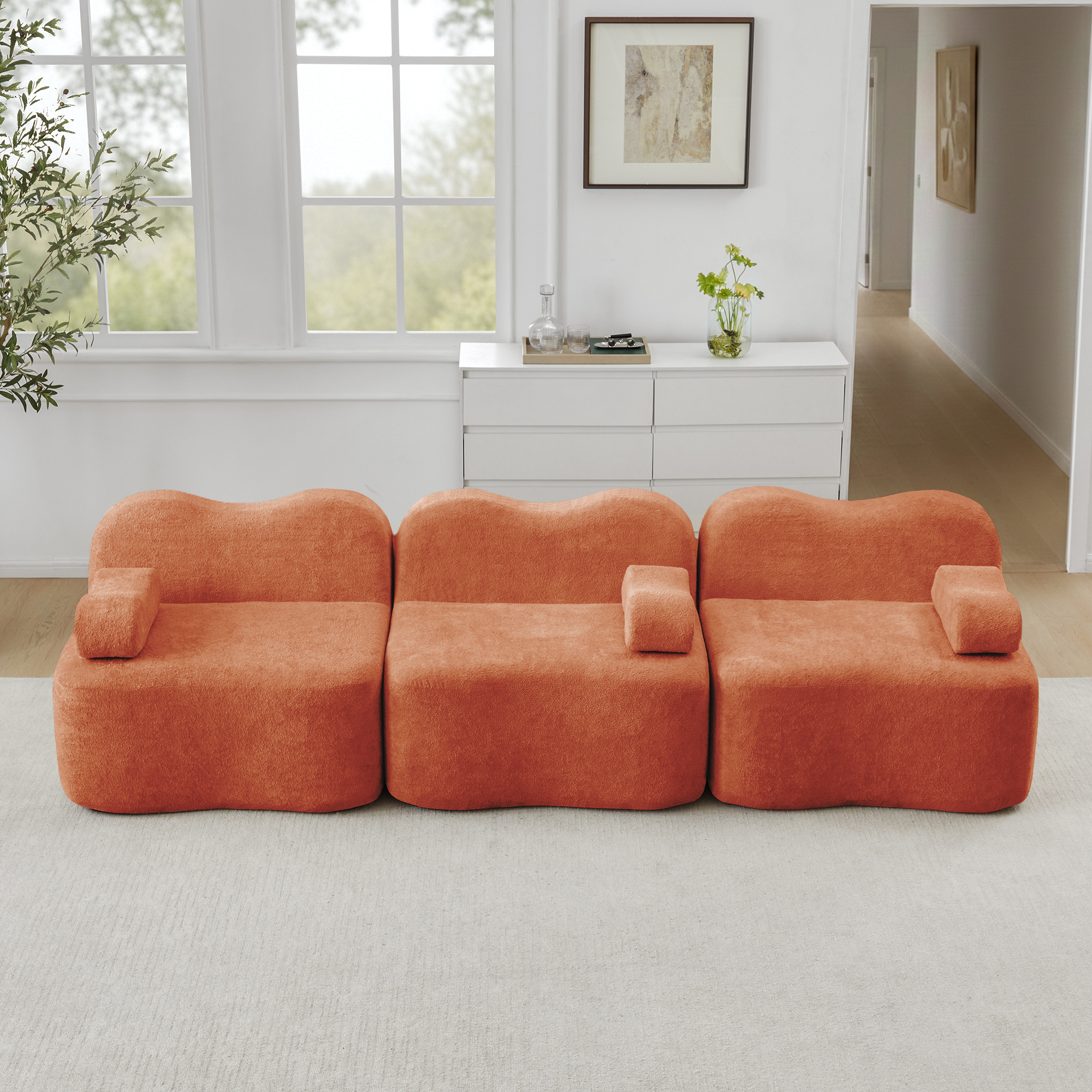 Canapé Modulable 3 Places en Velours Orange, Structure Boneless Mousse Haute Densité 32D avec Coussins Mobiles