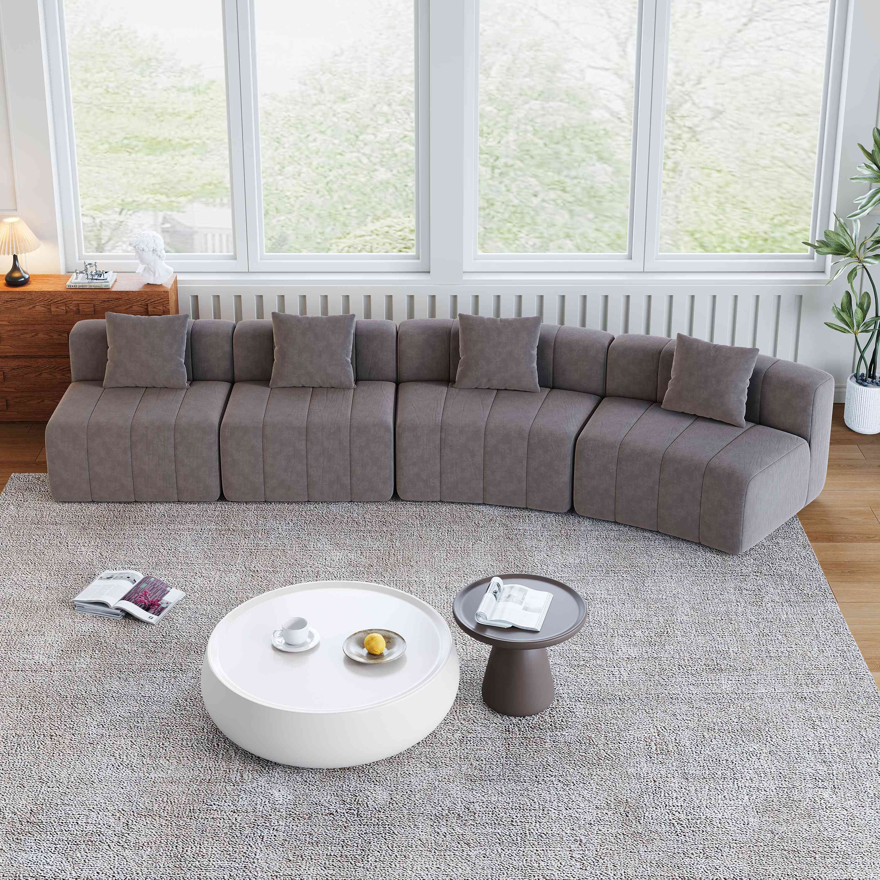 Canapé Modulable Gris en Chenille avec 2 Coussins, Design Courbe Symétrique pour Salon et Bureau, Sans Montage Requis