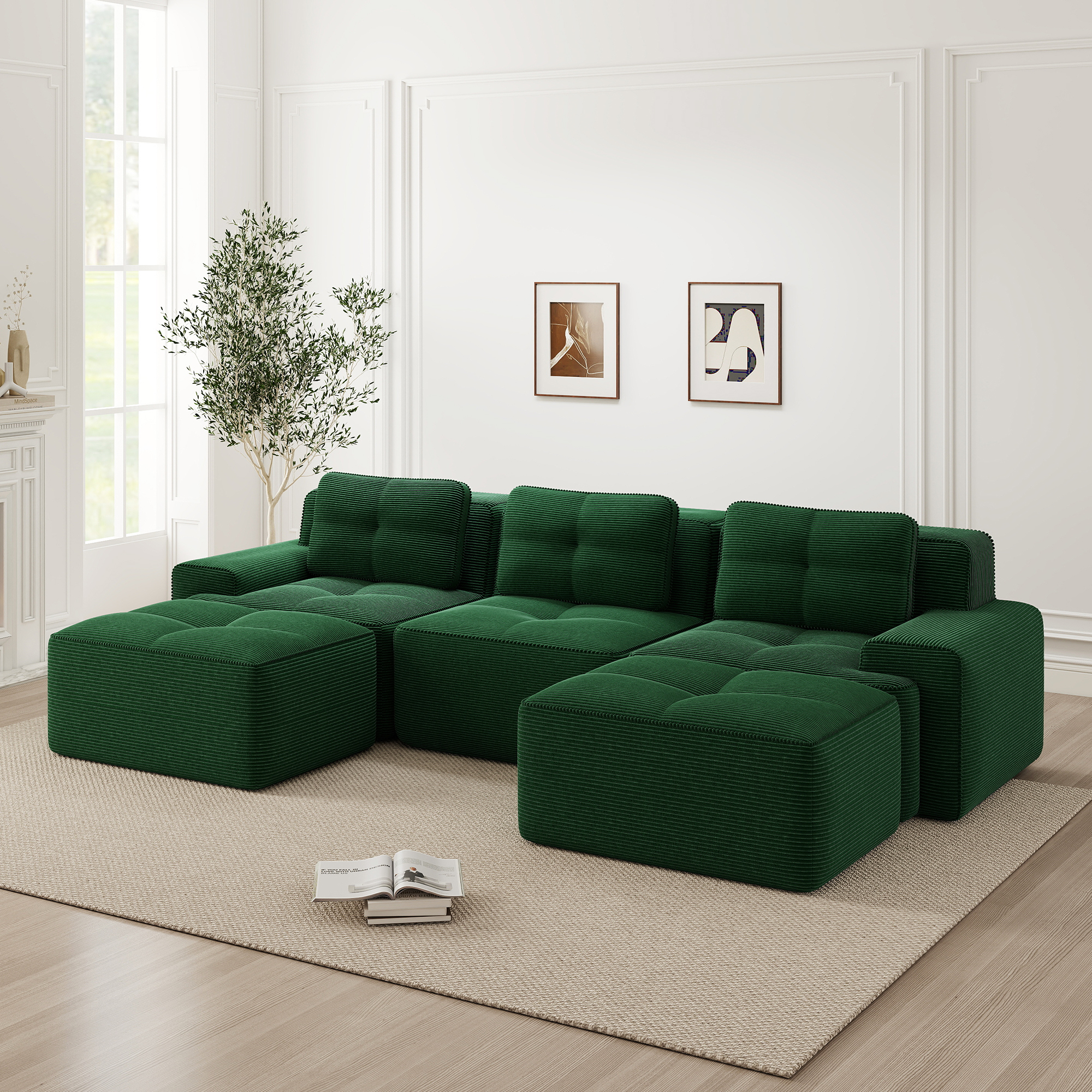Canapé Modulable En U 3 Places Corduroy Vert, Canapé Salon Sans Dossier Avec Ottoman, Confort Mousse 32D, Installation Facile