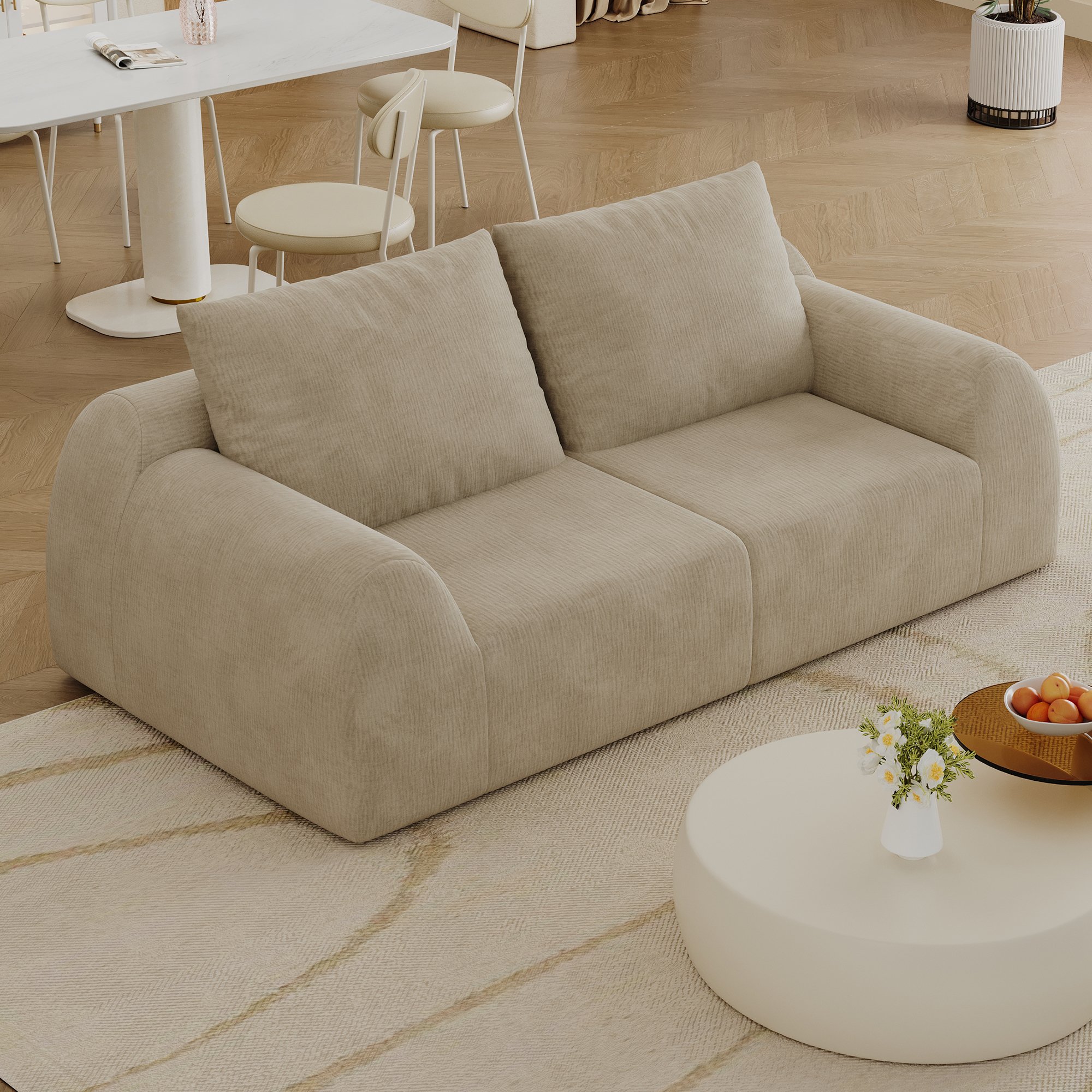Canapé droit 190 cm largeur, profondeur 95 cm, hauteur 85 cm, tissu chenille kaki, mousse haute densité, poids 31 kg, 2 colis