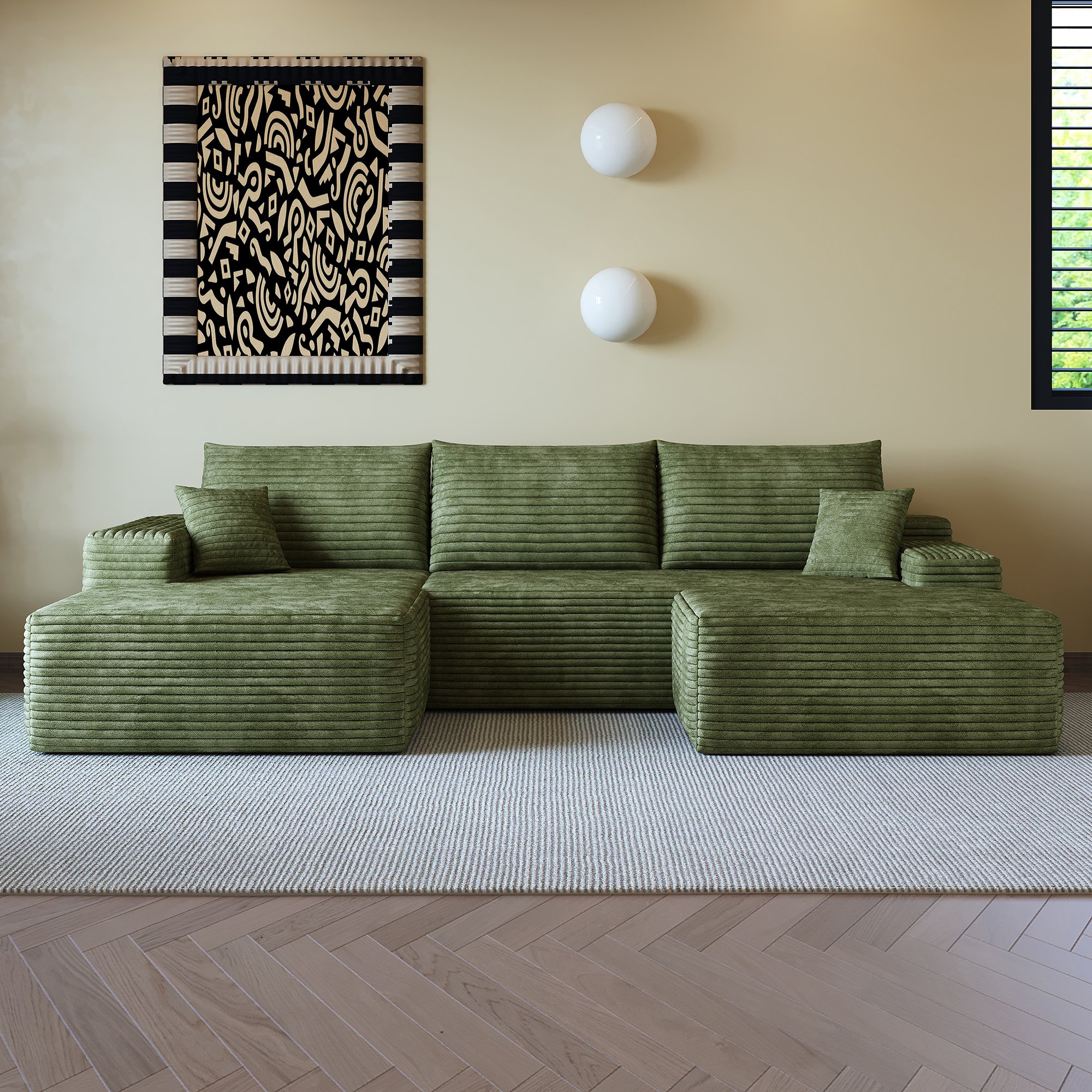 Canapé d'angle vert 270x175cm en tissu côtelé, module sans montage, assise profonde et confort mousse haute élasticité pour salon moderne
