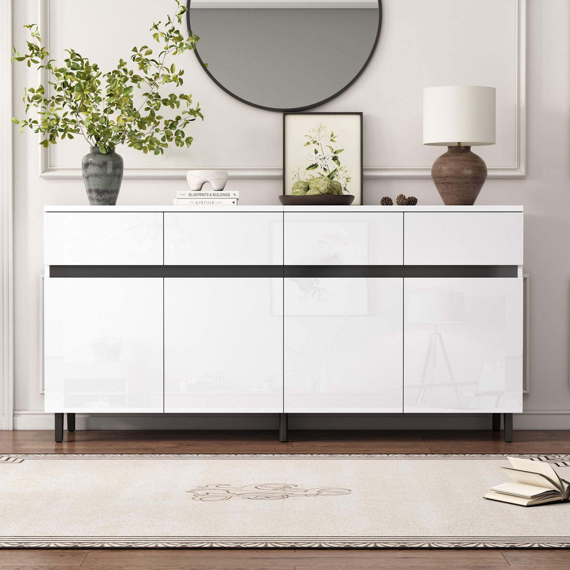 Buffet Moderne Blanc Haut Brillant 160 cm, Meuble TV avec 4 Tiroirs Profonds et 2 Portes Modulaires pour Salon Contemporain