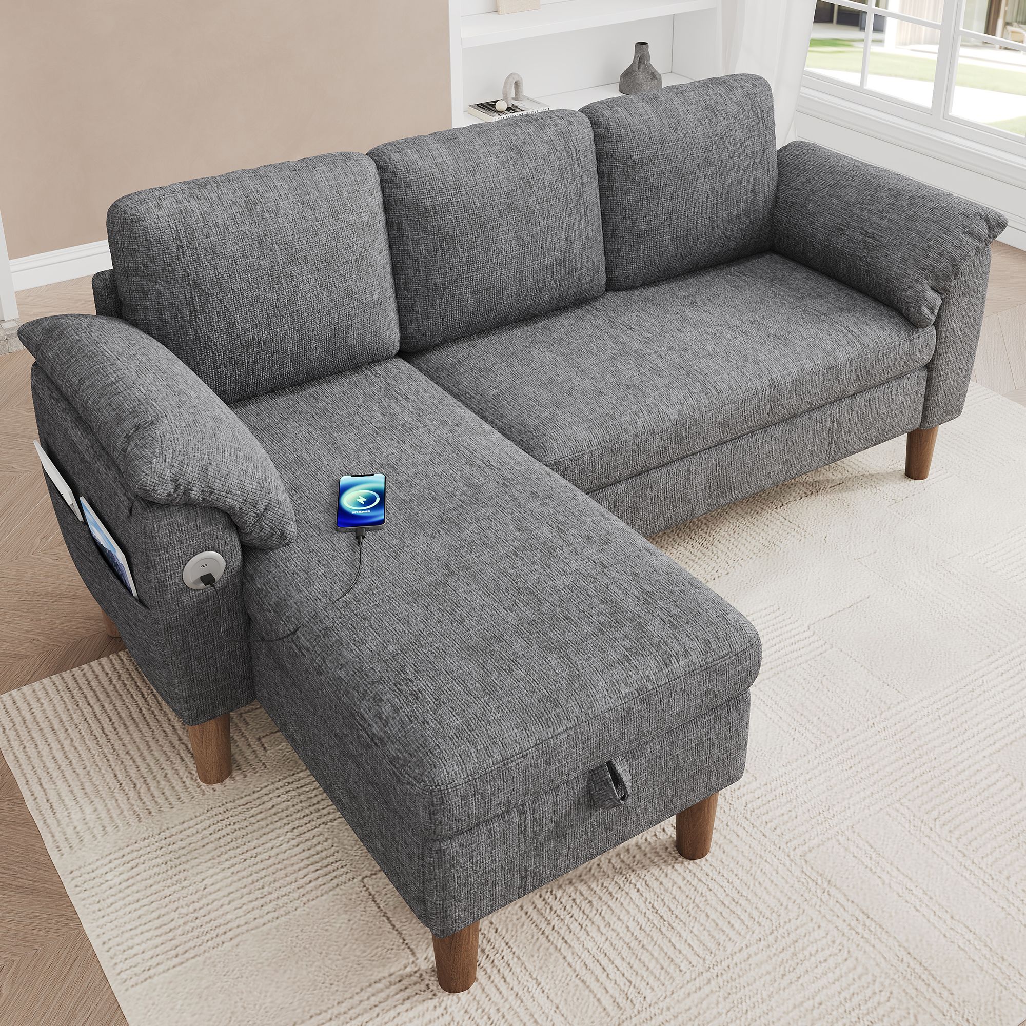 Canapé d'angle 3 places en tissu chenille gris clair avec chaise longue réversible et rangements intégrés, ports USB et Type-C