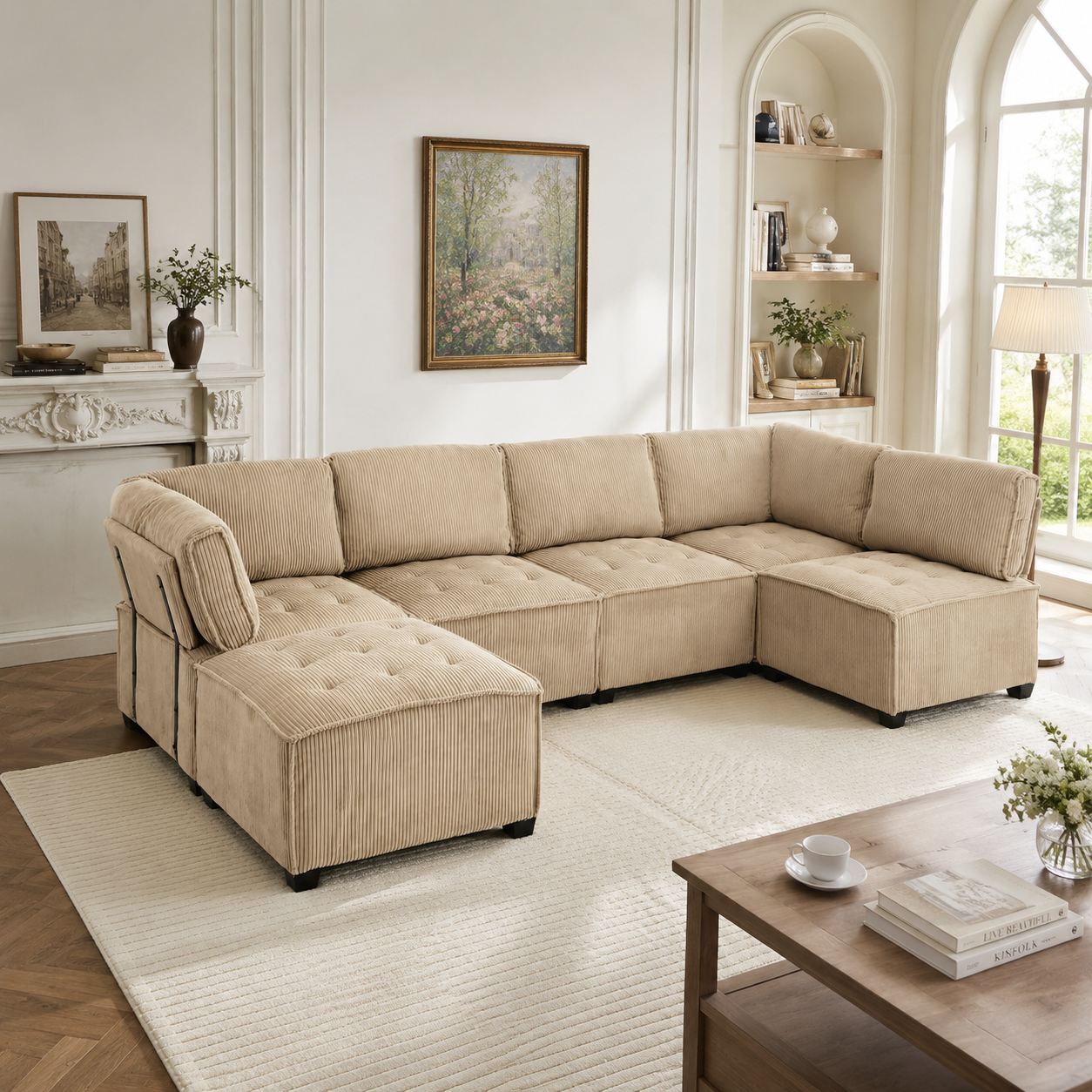 Canapé modulaire 6 places en velours côtelé kaki avec rangement accoudoirs, convertible en lit, à monter soi-même