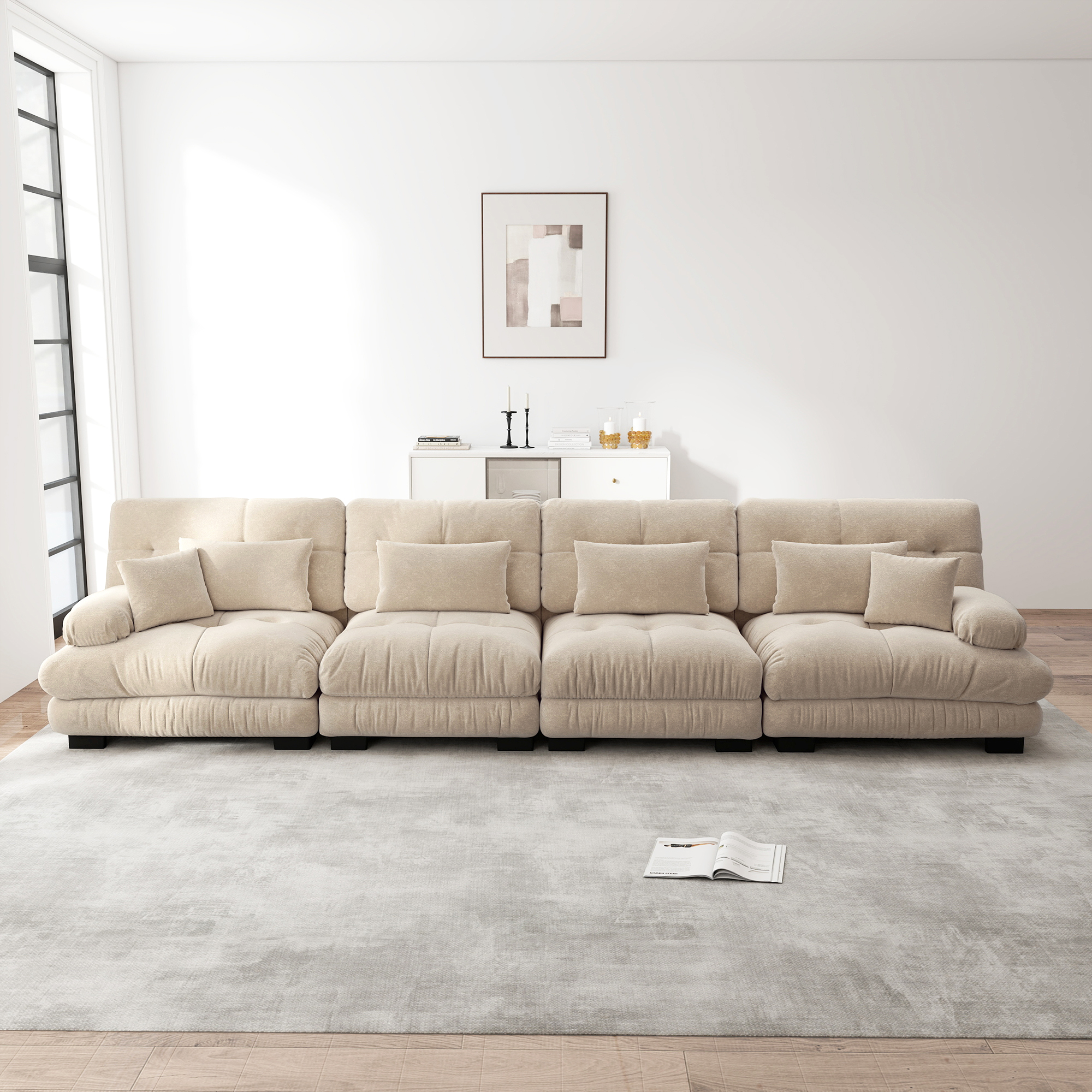 Canapé d'angle 4 places modulable avec assise profonde et coussins d'appoint pour salon ou bureau