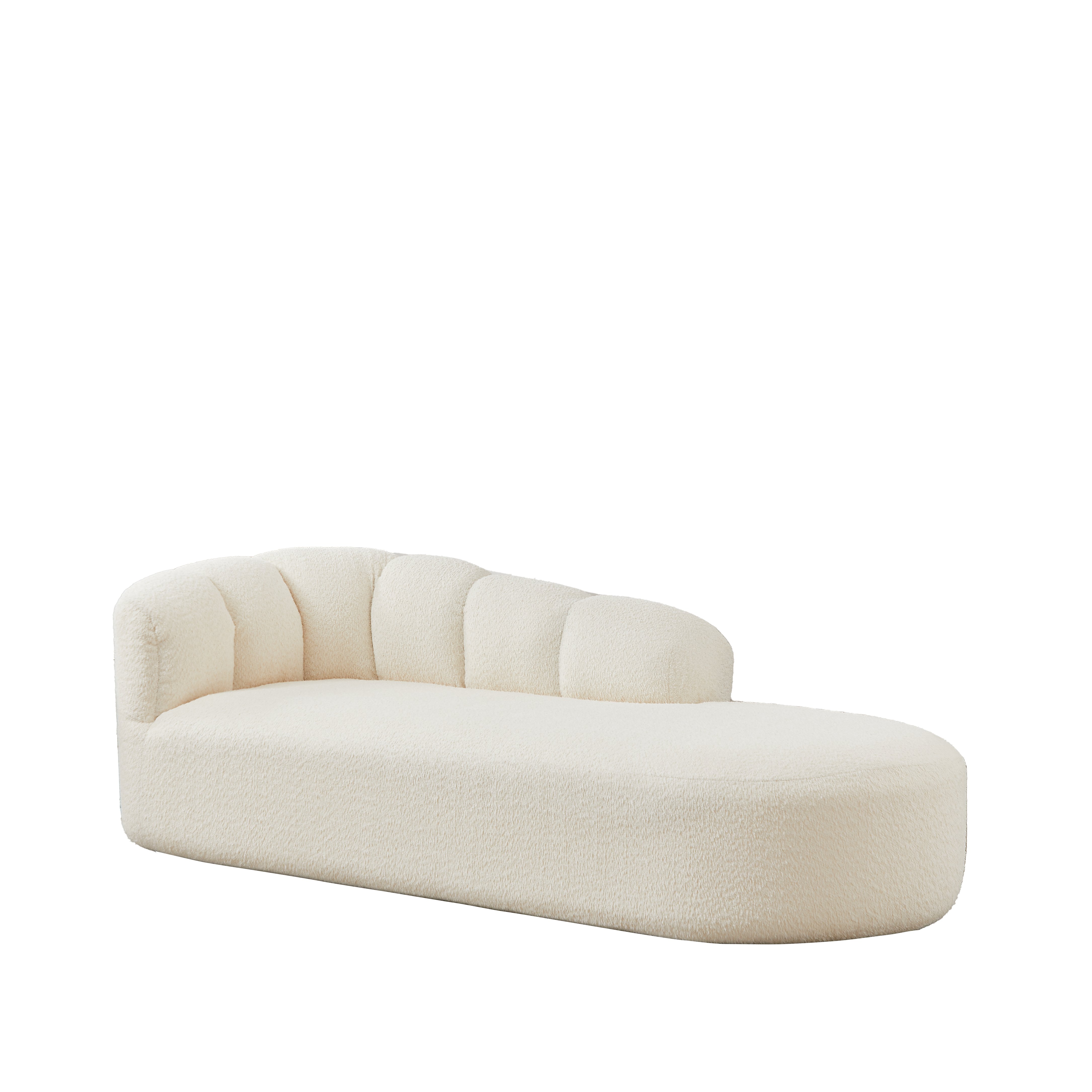 Chaise longue tissu chenille doux beige, structure courbe continue sans accoudoirs, coussin moelleux pour coin lecture ou entrée