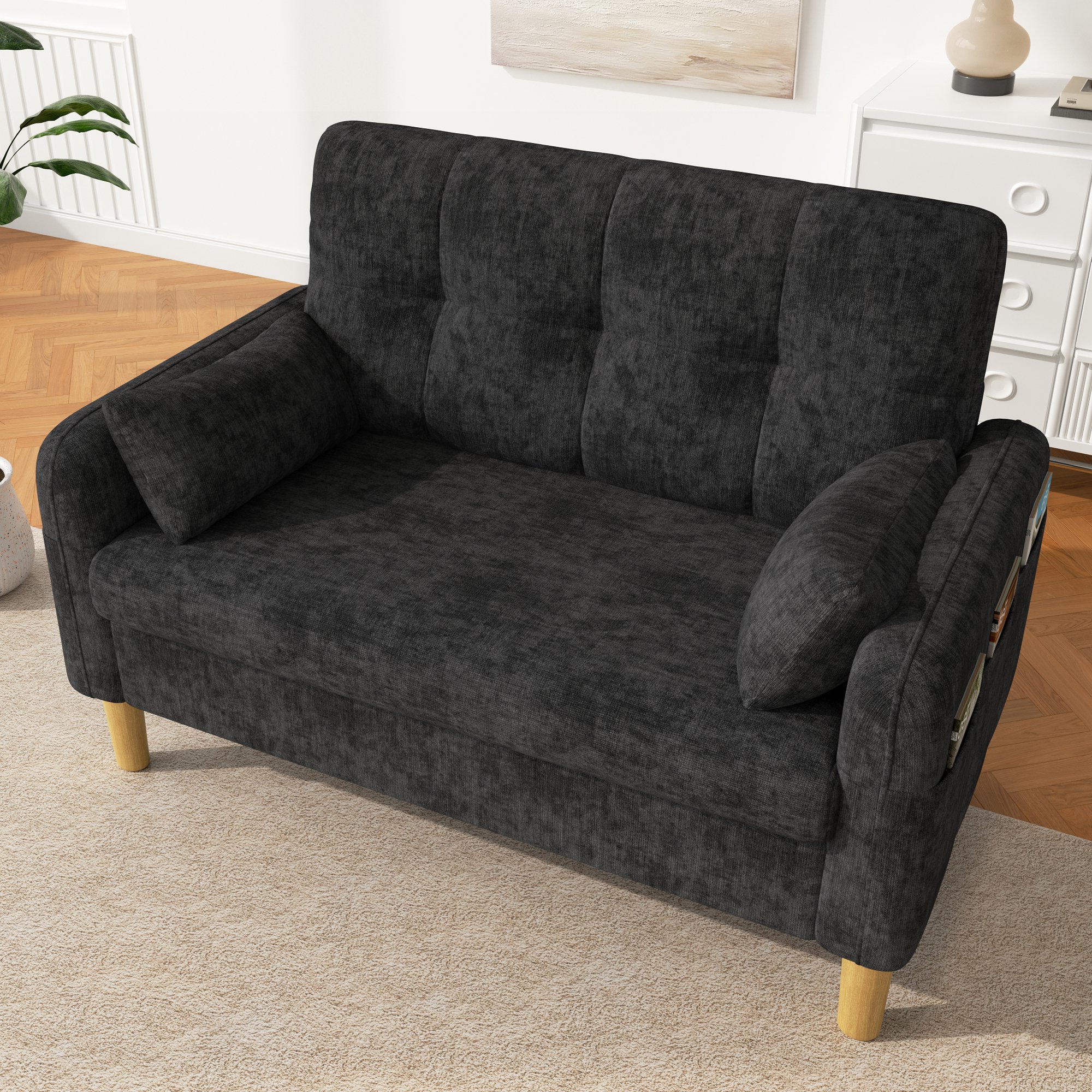 Canapé 2 places gris chenille avec poche latérale et coussins, pieds hauts compatibles robot, montage facile, pour salon ou chambre