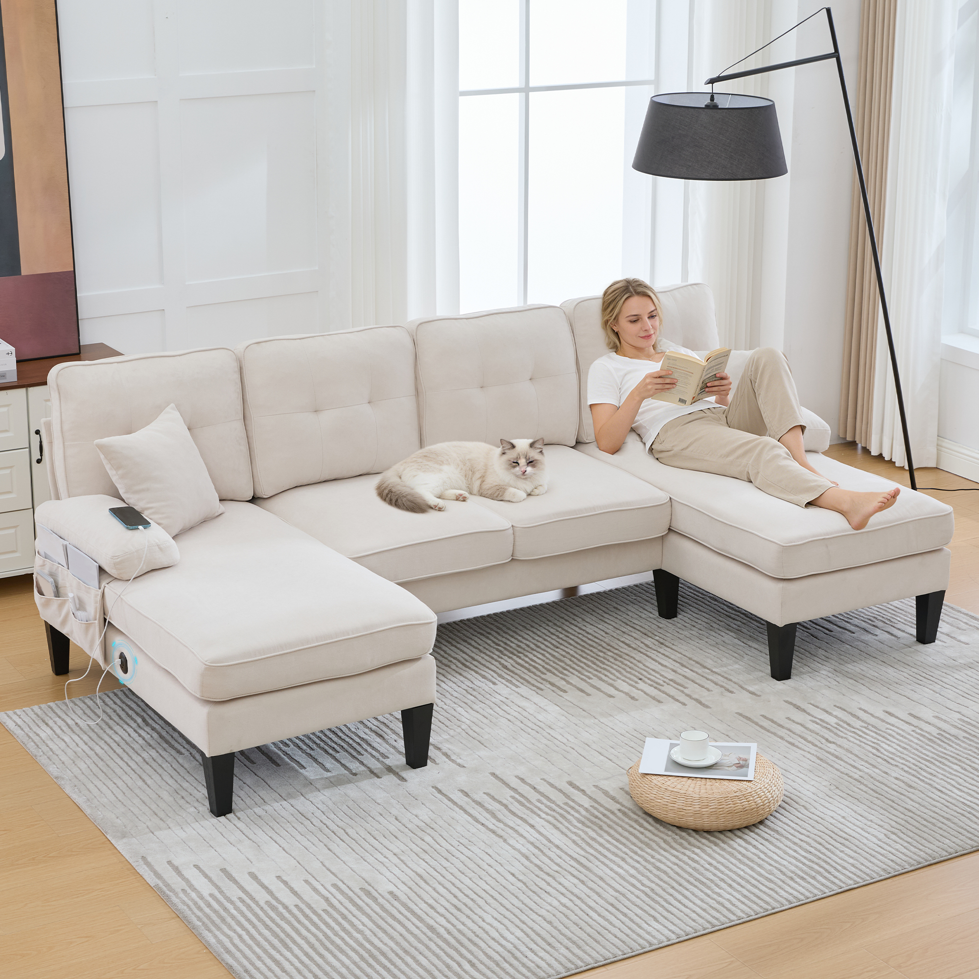 Canapé en U 4 places avec deux méridiennes, rangement latéral et ports USB Type-C intégrés