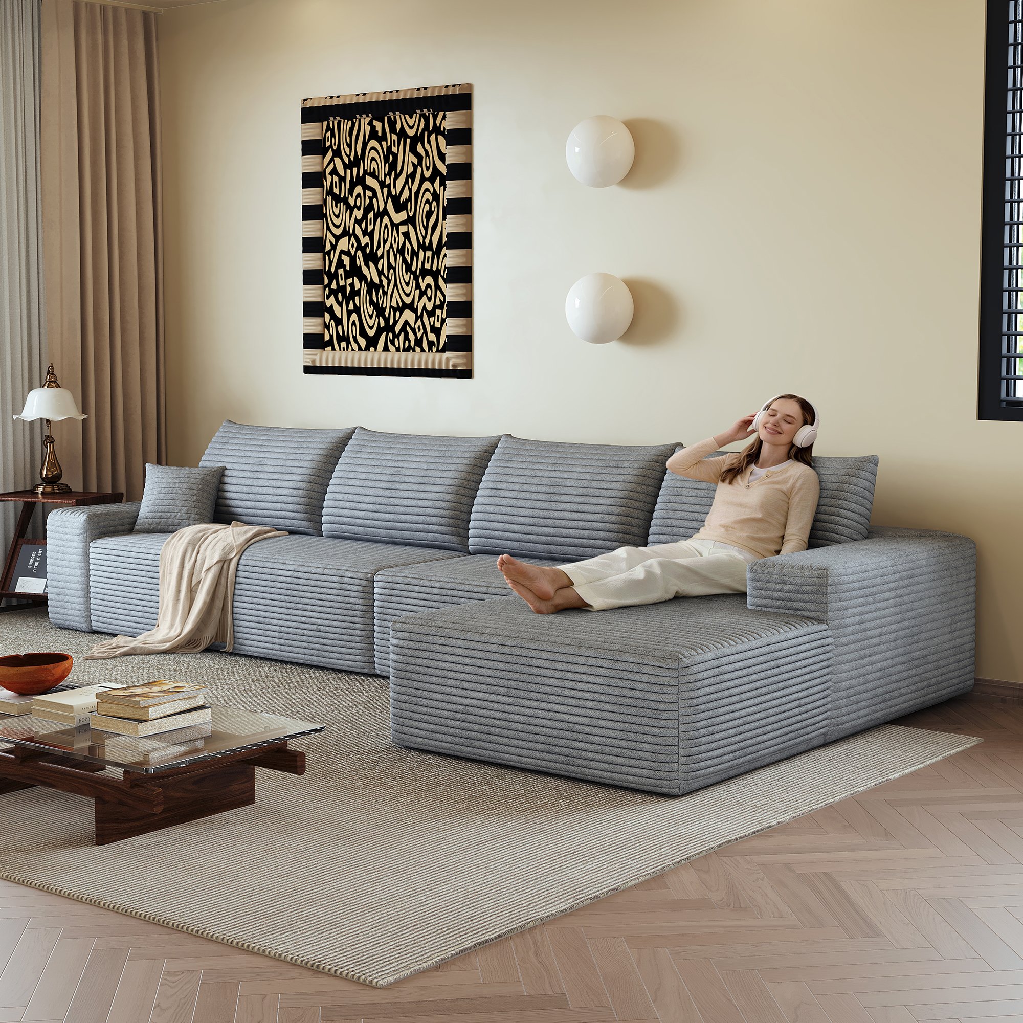Canapé d'angle 340x175cm gris en tissu côtelé, structure modulable sans montage, assise profonde et confort mousse haute densité pour salon moderne