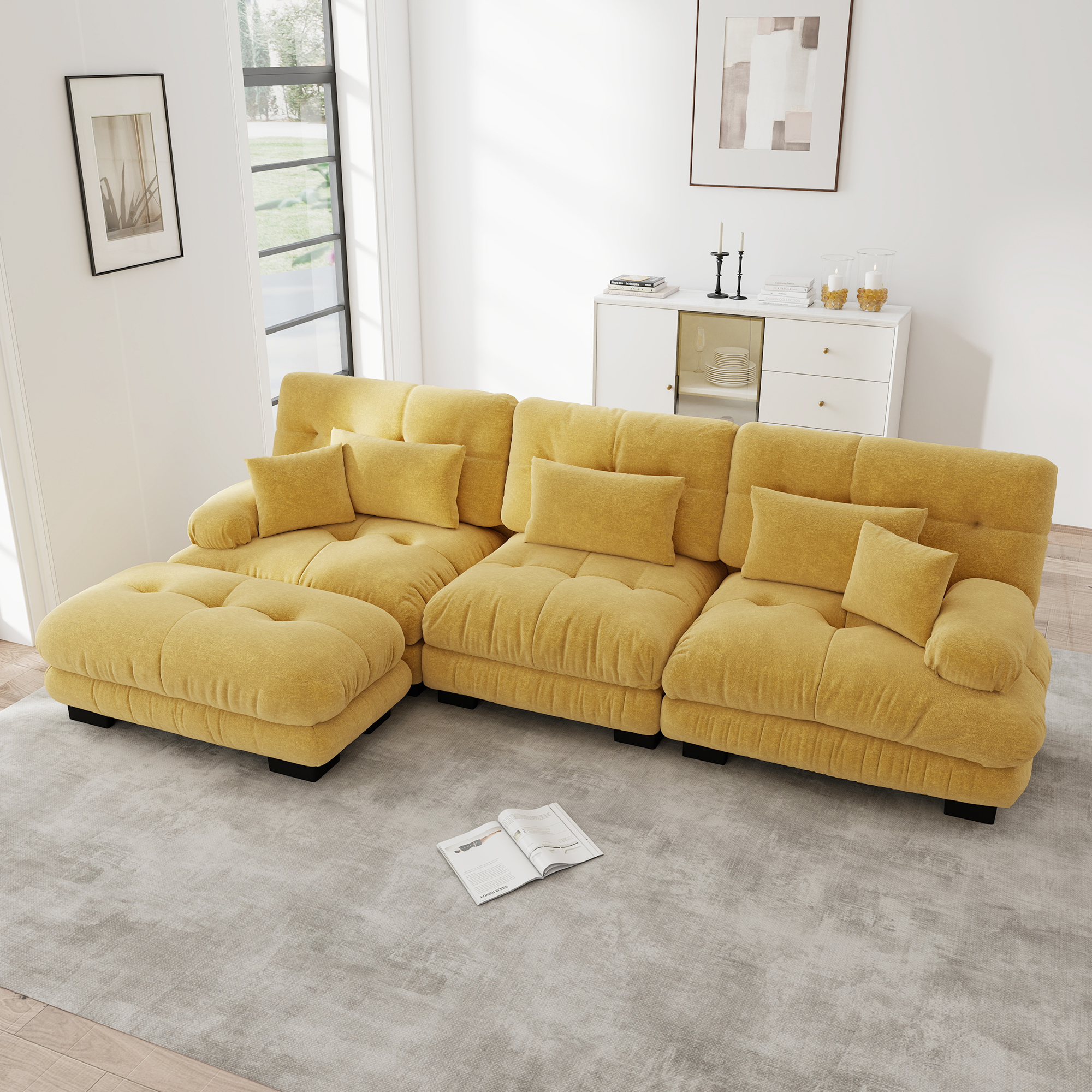 Canapé d'angle Modulable en Chenille Jaune, Style Nuage Profond avec Ottomans, Salon Moderne Assemblable Librement