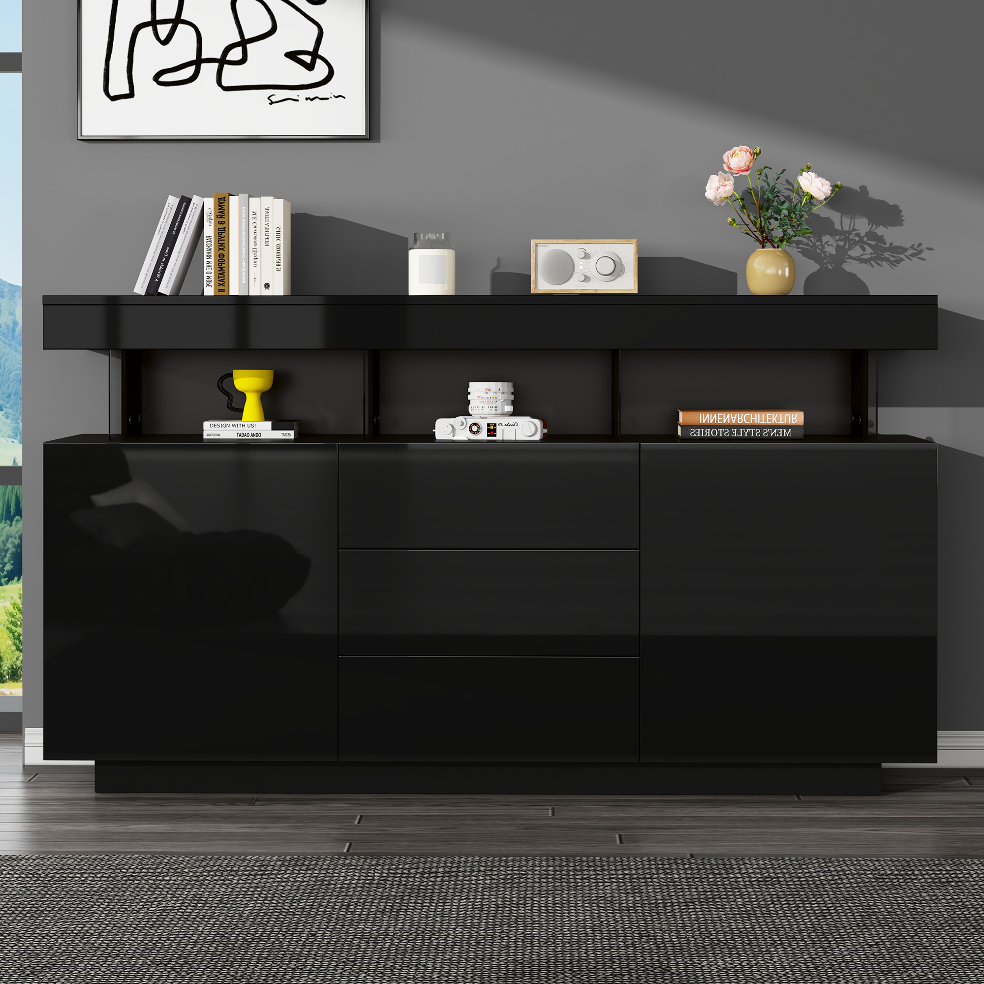 Buffet Noir Acryl Brillant 140x35x80 cm, Meuble en Panneaux de Particules avec 3 Tiroirs et Portes pour Rangement
