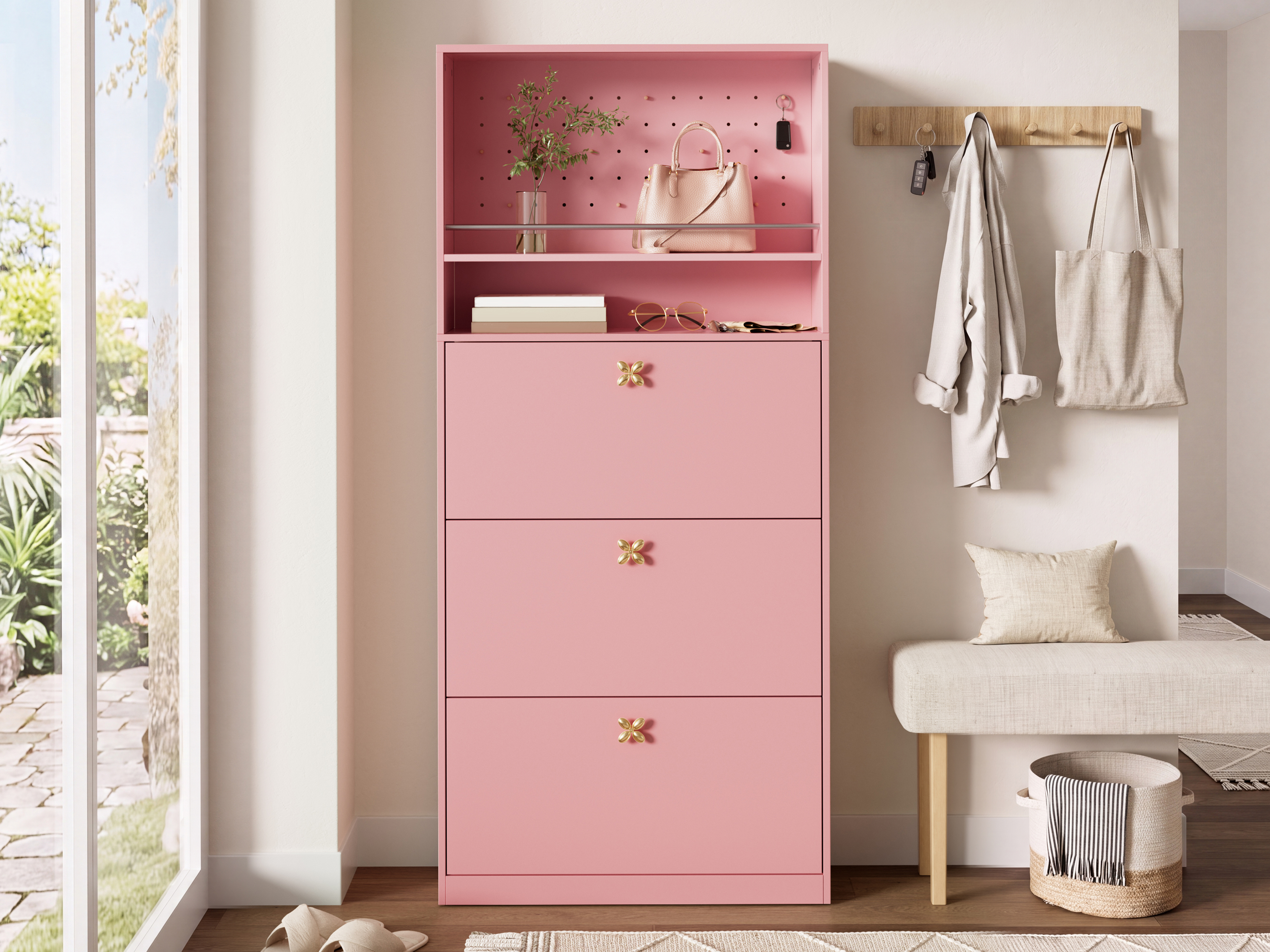 Meuble à chaussures étroit rose avec portes pliantes et porte-clés perforée, Idéal entrée appartement, 80x24x178 cm