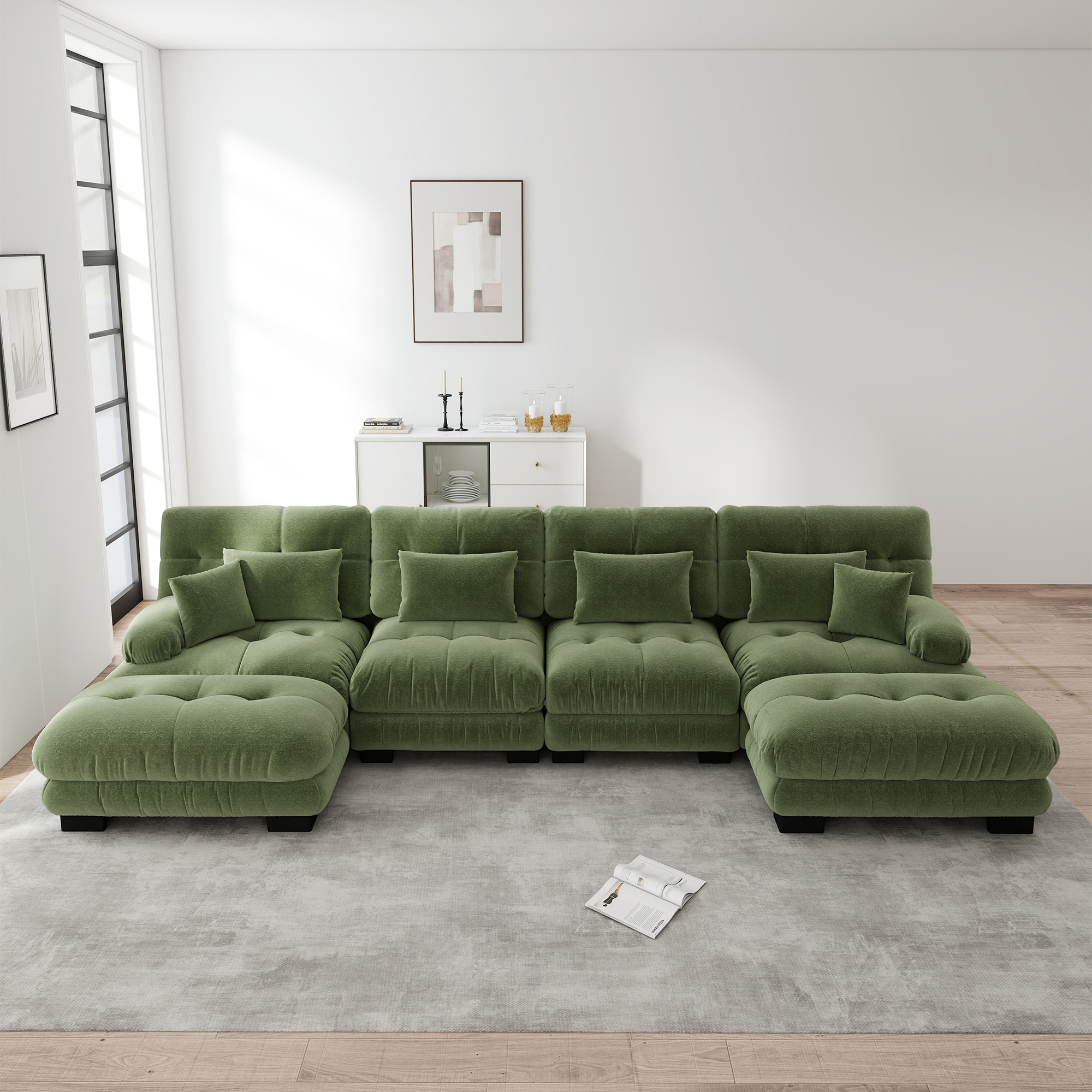 Canapé Cloud Vert 4 Places, Canapé Modulable En Chenille Avec Ottoman Mobile, Design Moderne Pour Salon Spacieux