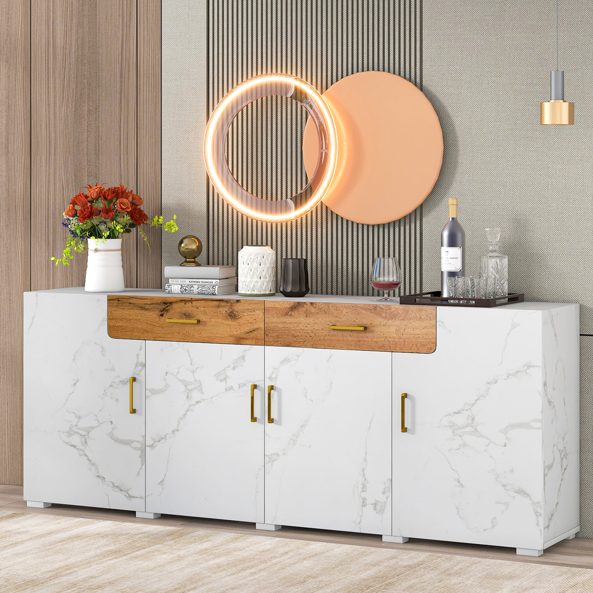Buffet de cuisine blanc 208x39,5x80 cm, meuble rangement avec 4 portes et 2 tiroirs, structure panneaux de particules