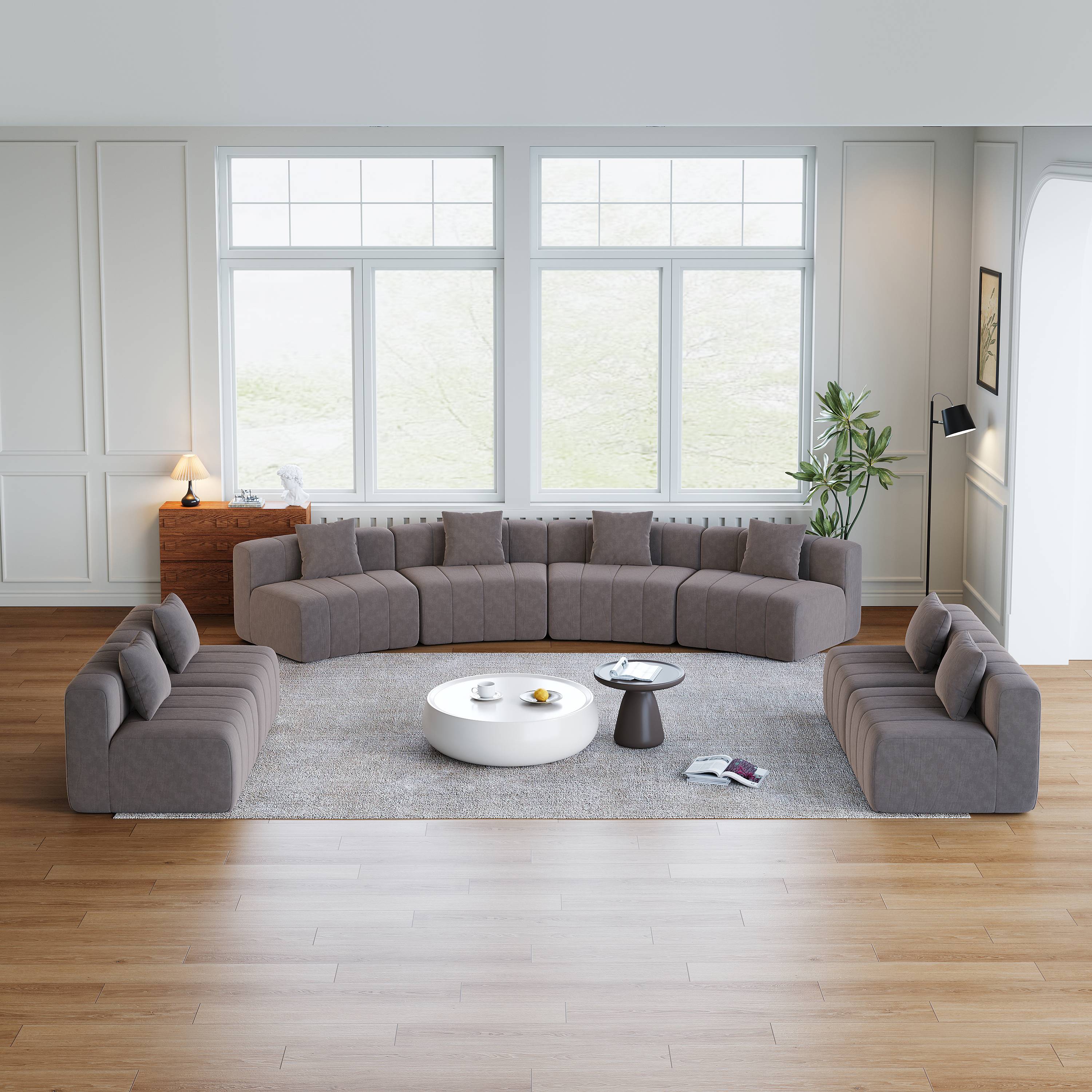 Canapé Modulable Gris en Chenille avec 2 Coussins, Design Courbe Symétrique pour Salon Bureau, Sans Montage Requis