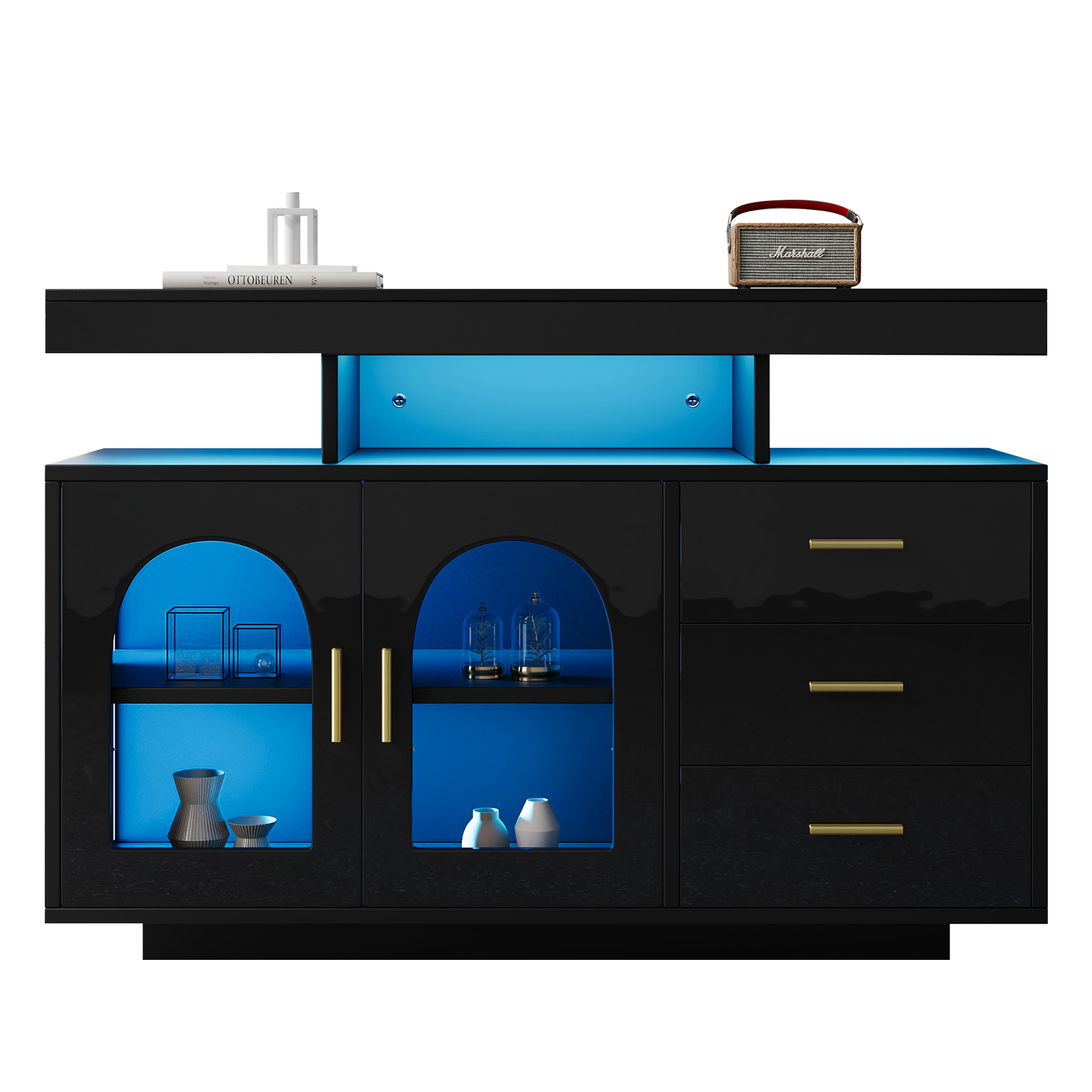 Buffet de cuisine avec LED connectée par application, 120x40x80 cm, meuble bar noir brillant à 3 tiroirs et portes acrylique