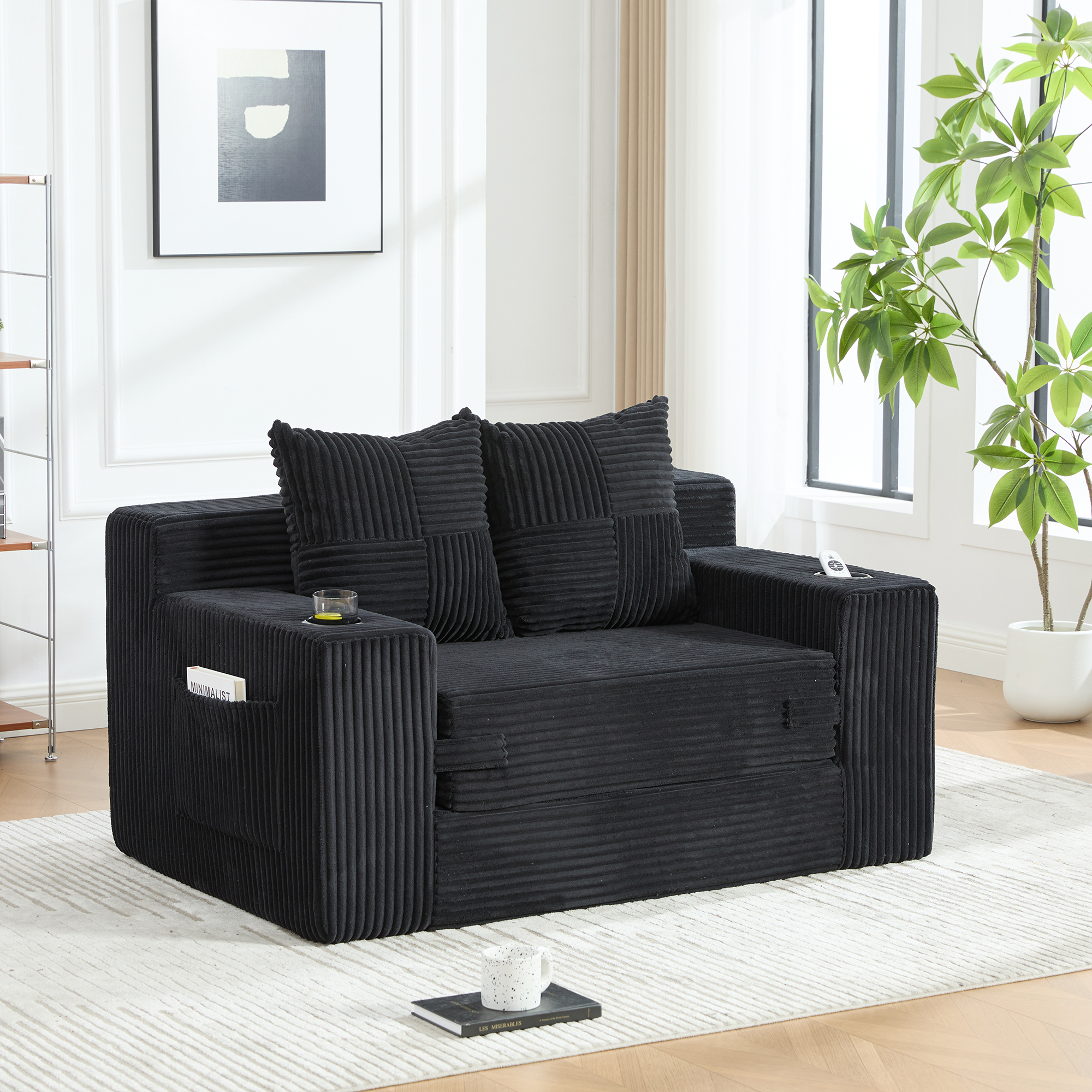 Canapé Droit Noir Avec Rangement Latéral Intégré Pour Livres Et Coussins Confortables Design Moderne Salon Contemporain