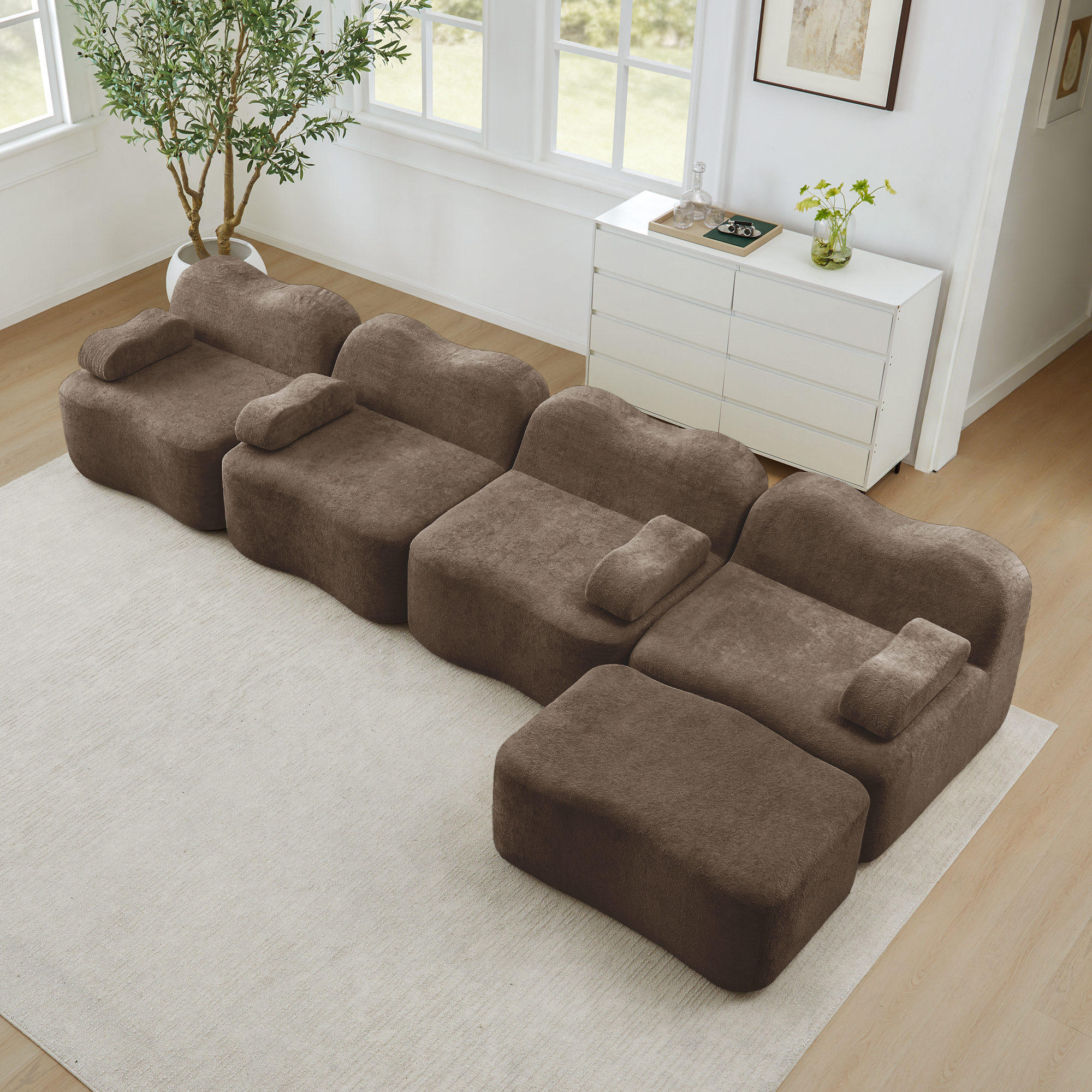 Canapé d'angle modulable 4 places avec coffres de rangement intégrés et ottoman, structure sans dossier pour salon moderne