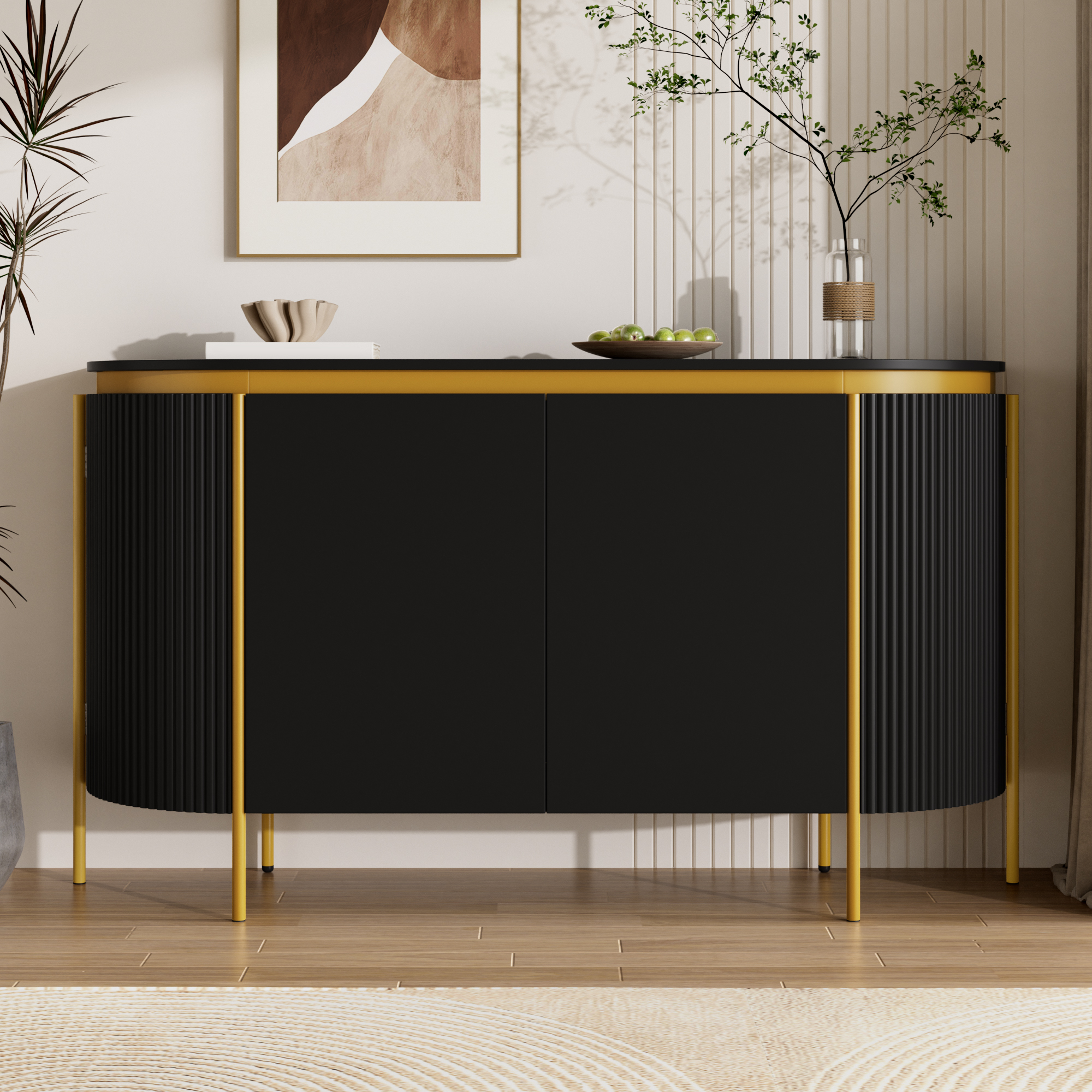 Buffet Contemporain Ovale Noir, Meuble Entrée 4 Portes Bord Doré et Pieds Surélevés pour Nettoyage Robot Aspirateur
