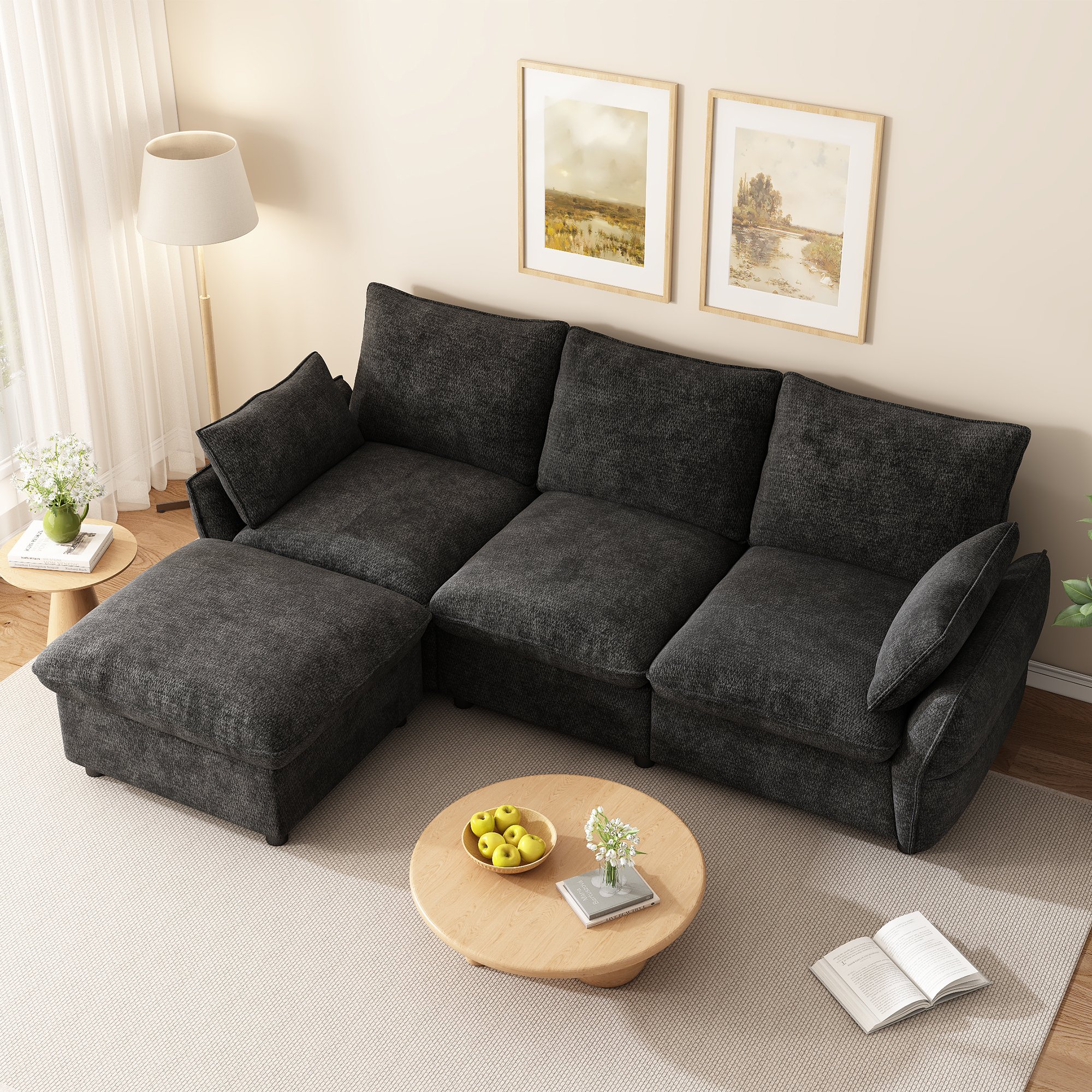 Canapé d'angle 3 places en chenille gris foncé avec ottoman et coussins, structure bois et métal, dimensions 222,5x154,5x76,5 cm pour salon moderne