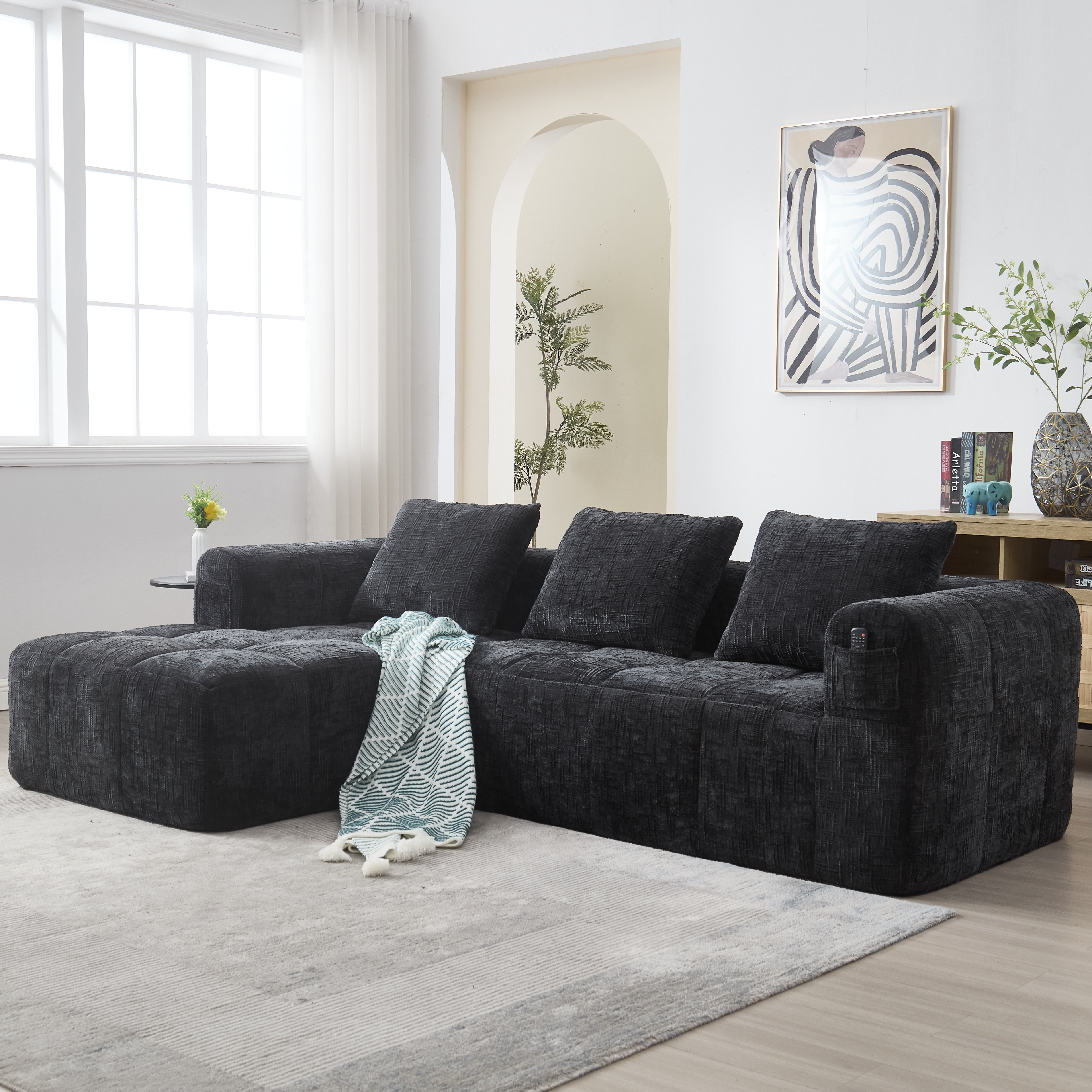 Canapé d'angle 3 places en chenille noir sans installation avec méridienne, 3 coussins et poches latérales