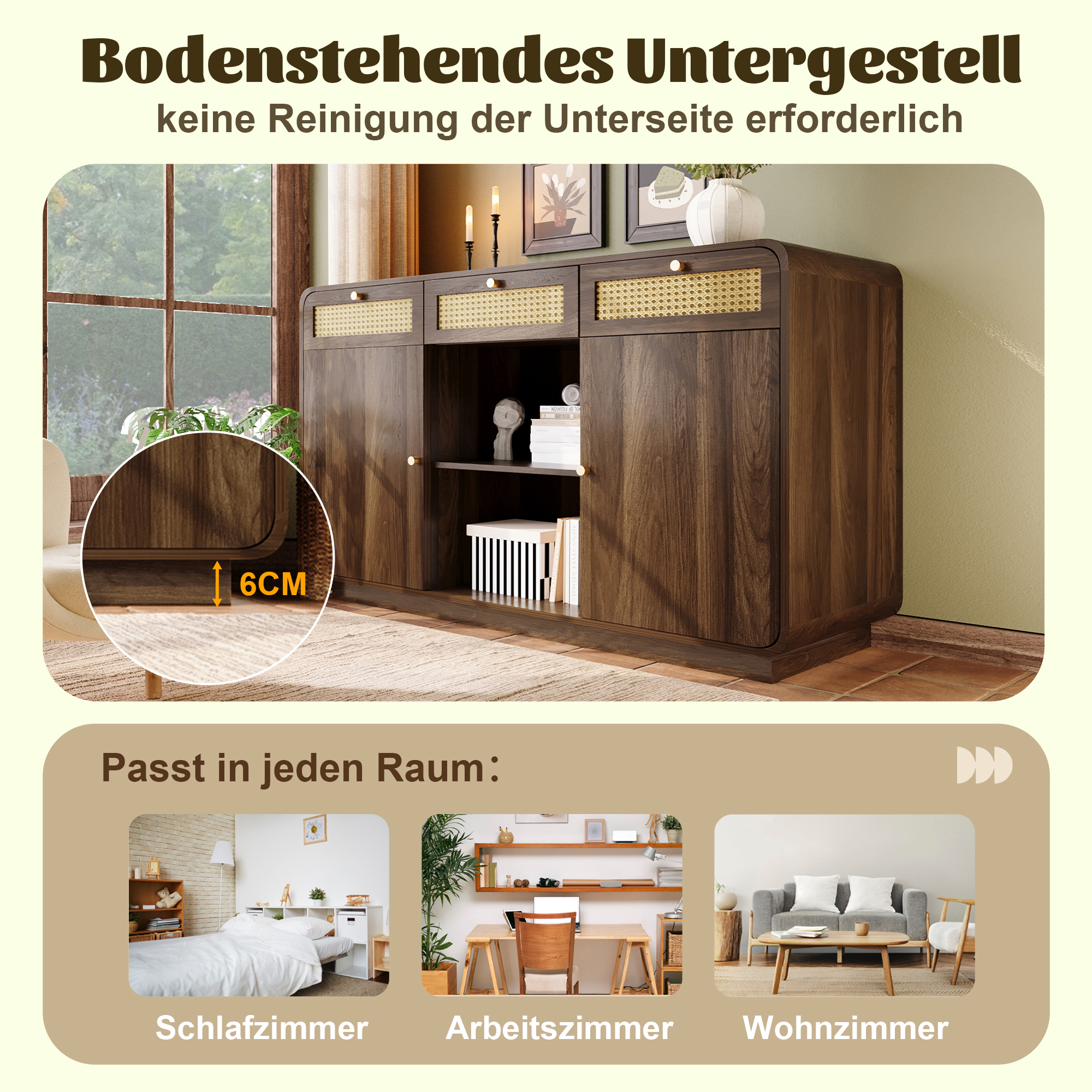 Buffet Style Rétro avec Rattan et Or, Meuble à 3 Tiroirs et 2 Portes avec Étagère Ouverte, 120 cm Large
