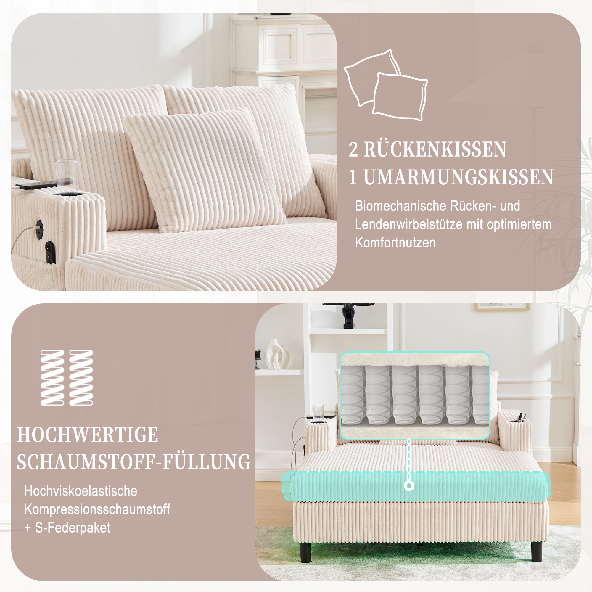 Canapé beige en velours côtelé avec LED multicolore, USB et porte-gobelets intégrés, 142x128x85 cm