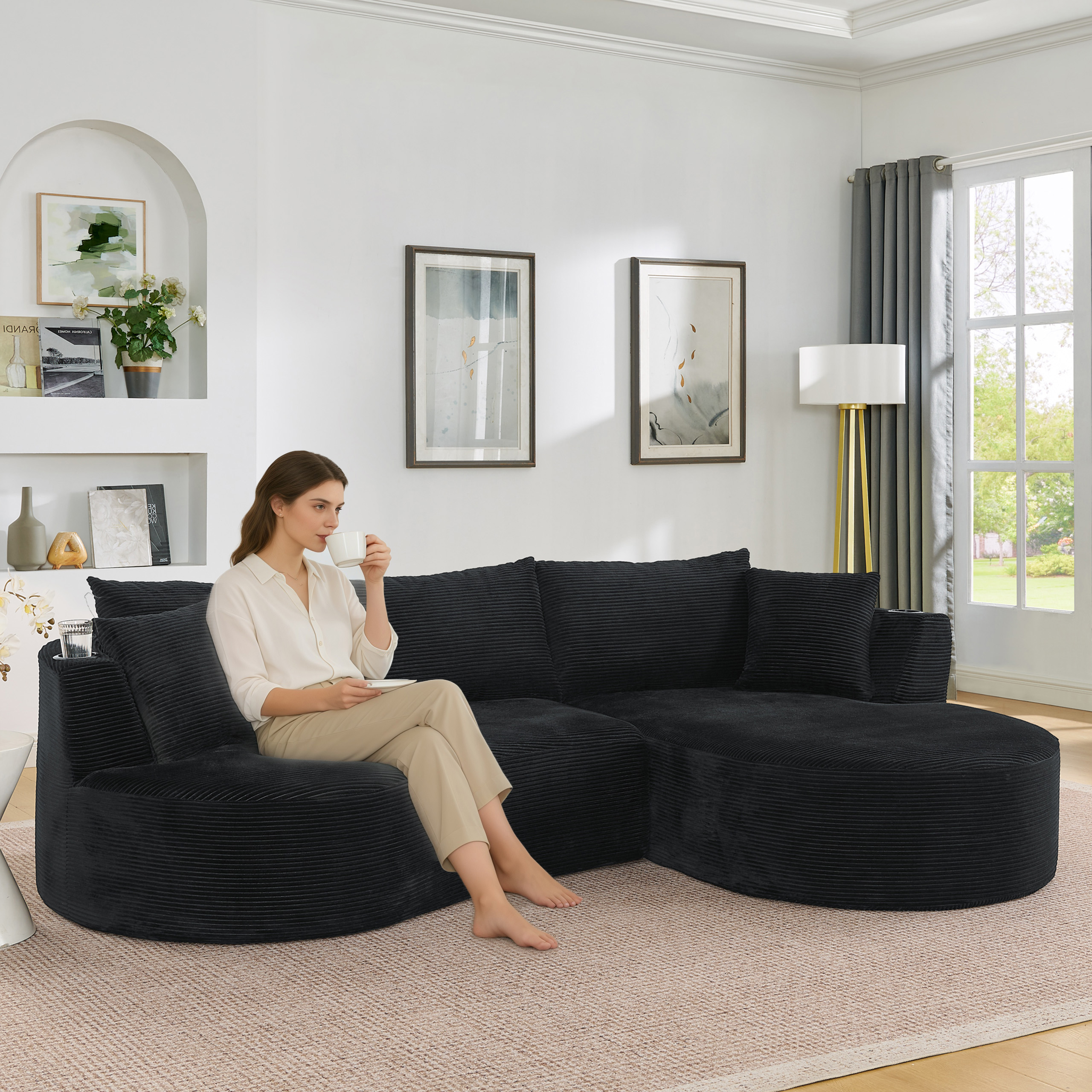 Méridienne Noire Design Contemporain Courbé Tissu Côtelé Avec Portes-Gobelets Pour Appartement Hôtel