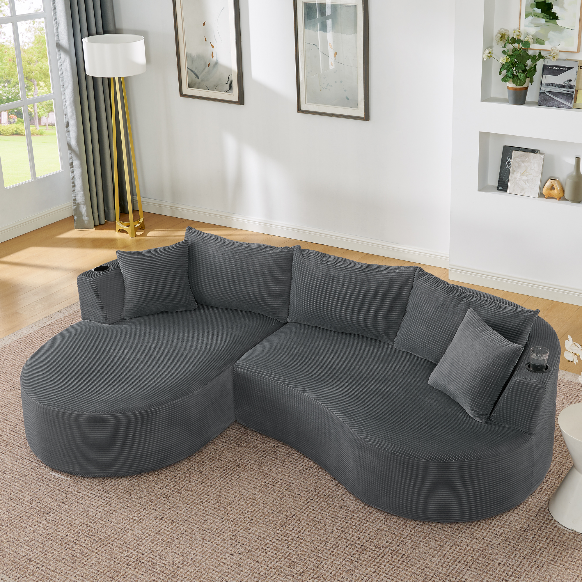 Canapé Méridienne Gauche Rembourré Mousse Revêtement Velours Côtelé Gris Structure Stable Design Fluide Pour Appartement