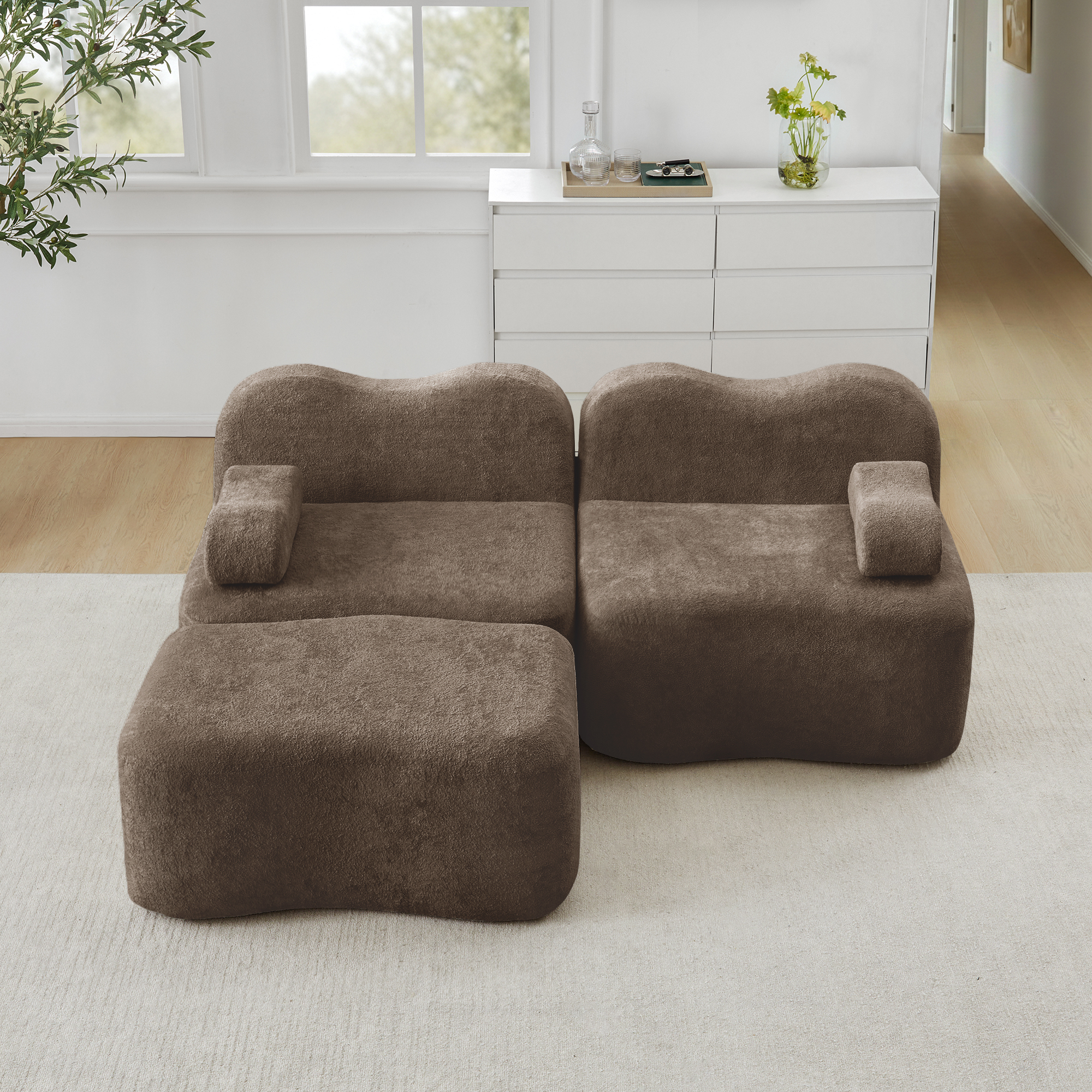 Canapé Modulable 2 Places En Velours Marron, Canapé D'angle Sans Dossier Avec Ottoman Et Rangement Intégré Pour Salon Moderne