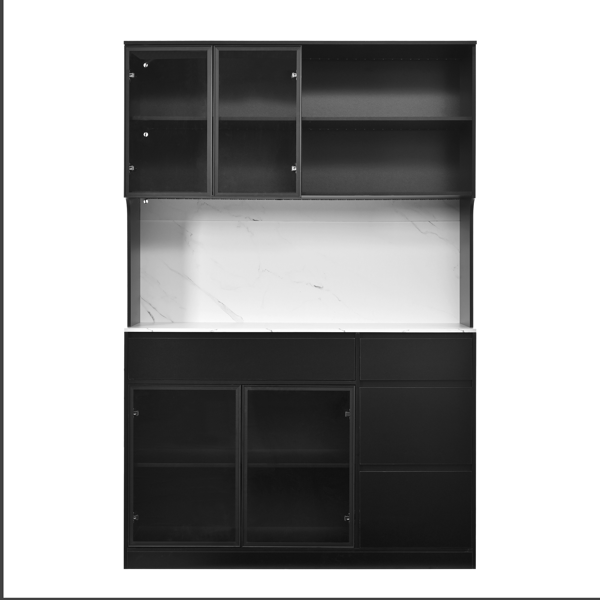 Vitrine Buffet 120x40x180cm Grand Rangement Multi-Niveaux Panneau composite de fibres de bois à densité Noir Blanc Surface Marbre Optique Élégante Design Contemporain