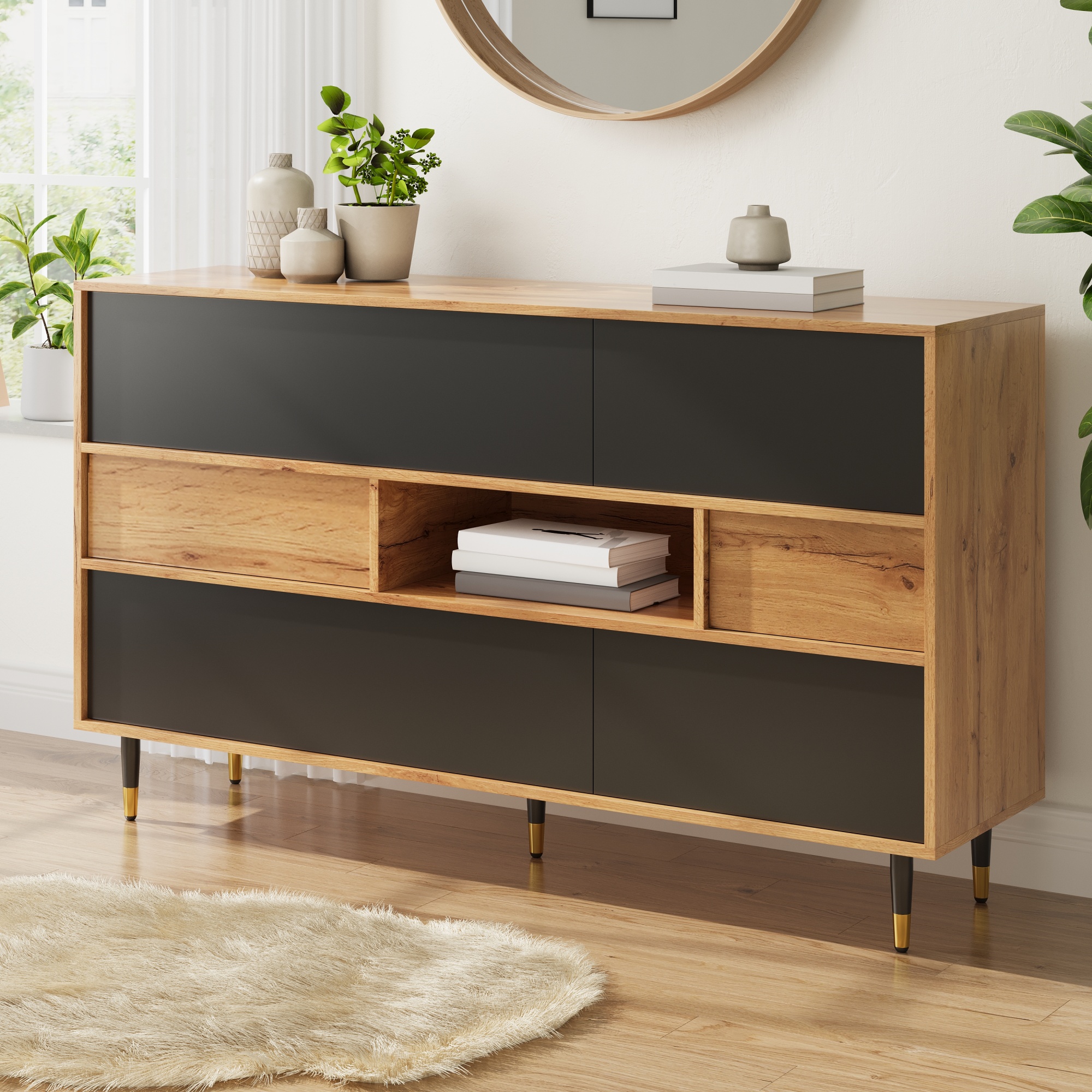 Buffet 140x84,5 cm avec 2 Tiroirs Silencieux et Portes Abattantes, Meuble Rangement Salon Noir Panneau composite de fibres de bois à densité
