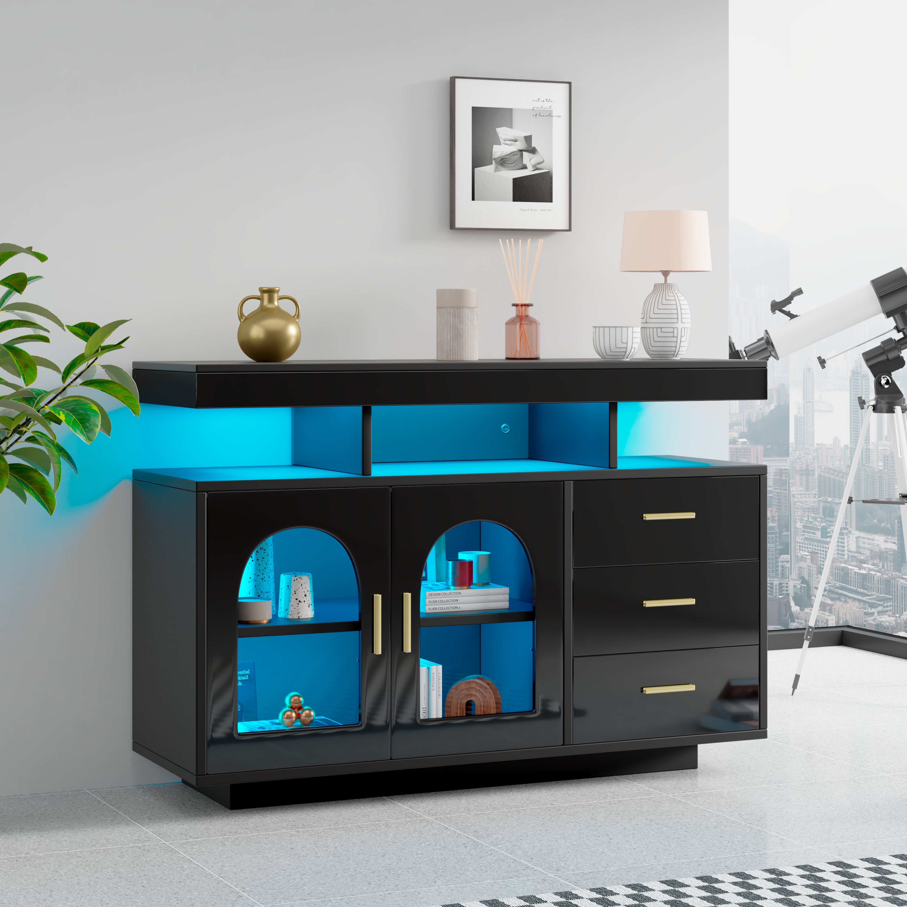 Buffet de cuisine avec LED connectée par application, 120x40x80 cm, meuble bar noir brillant à 3 tiroirs et portes acrylique