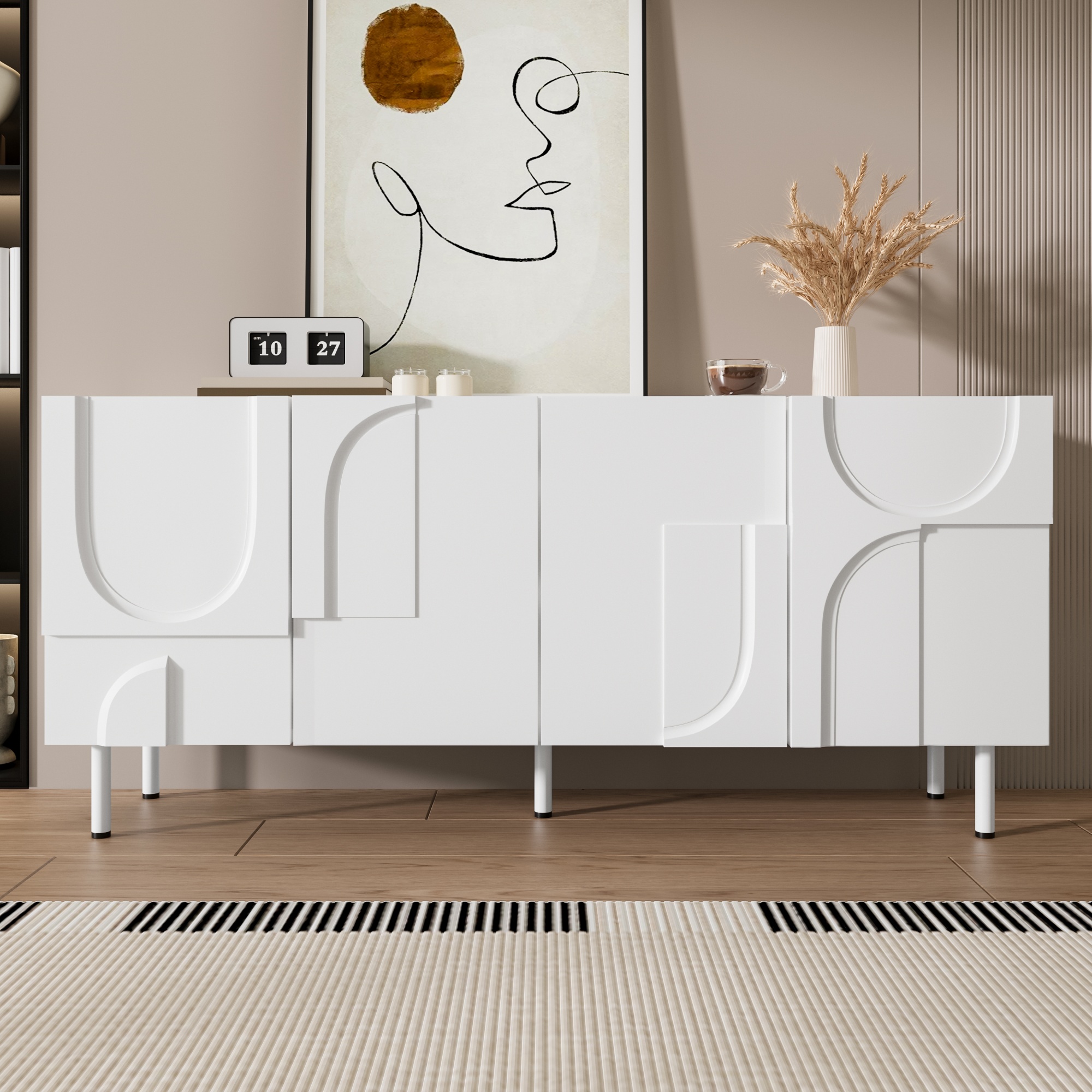 Buffet Blanc Design Géométrique 160x70 cm Meuble Rangement Cuisine Panneau composite de fibres de bois à densité Portes Silencieuses