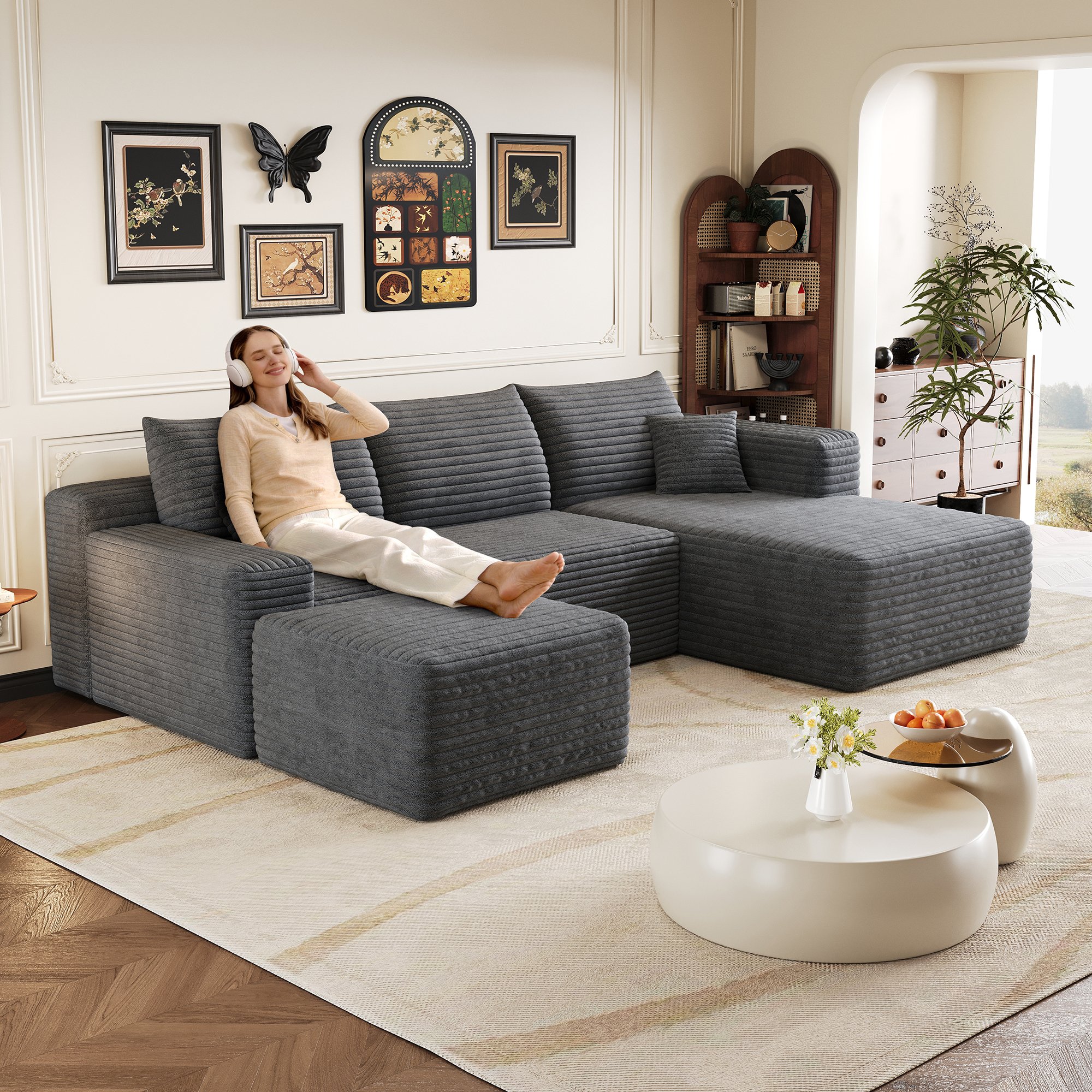 Canapé d'angle 241x151cm en tissu côtelé gris foncé, style nuage moderne, assise profonde et confort optimal pour le salon