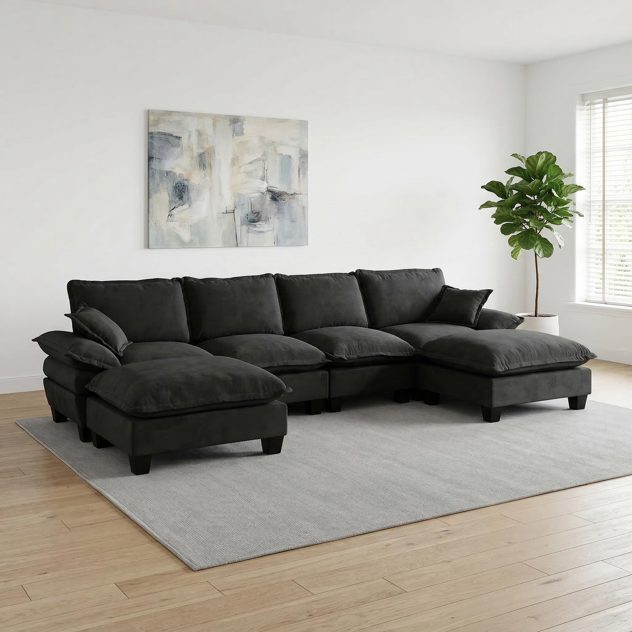 Canapé d'angle Modulable 6 Places, Dimensions 332x151x90 cm, Canapé Noir en Tissu Chenille avec Ottoman pour Grand Salon